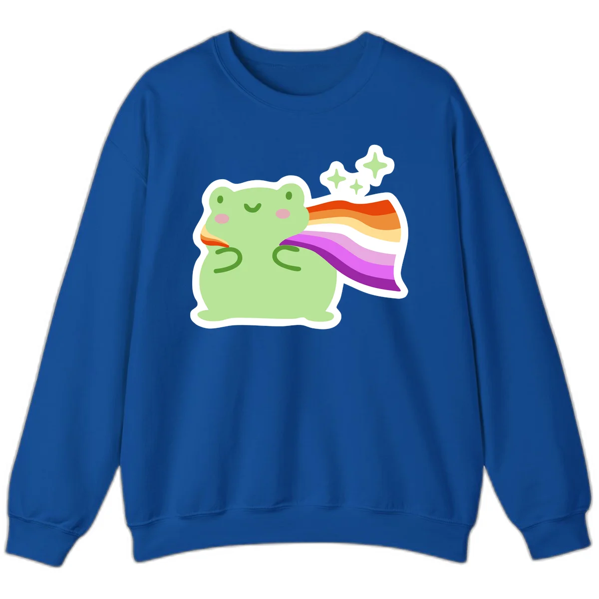 Cute green frog with pink cheeks wearing a rainbow pride cape, surrounded by sparkle stars in Royal