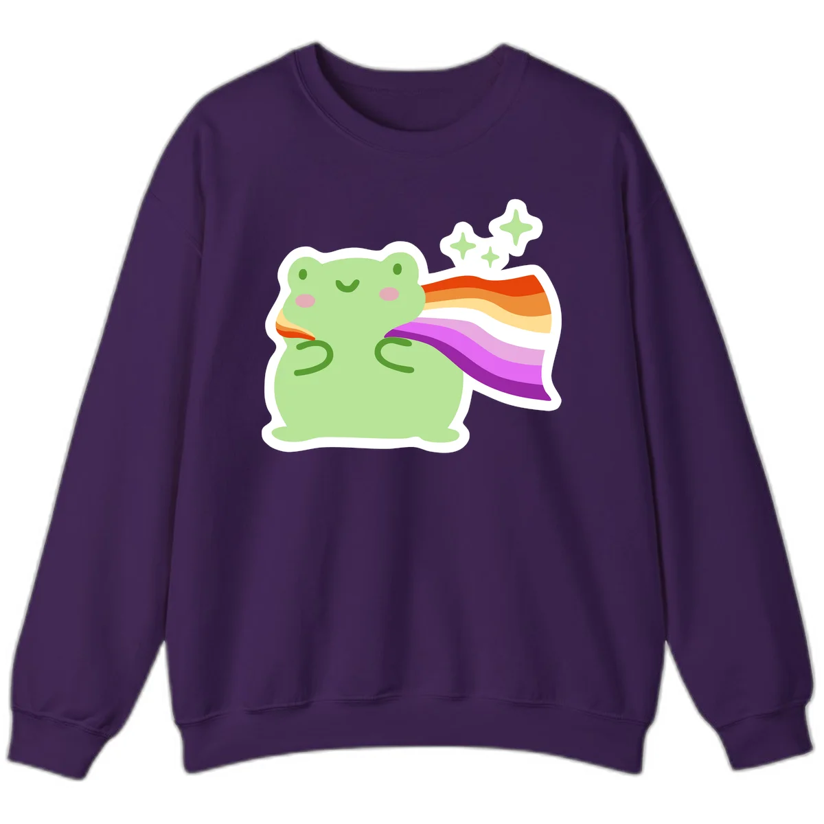 Cute green frog with pink cheeks wearing a rainbow pride cape, surrounded by sparkle stars in Purple
