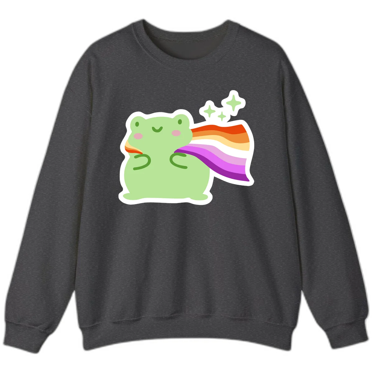 Cute green frog with pink cheeks wearing a rainbow pride cape, surrounded by sparkle stars in Dark Heather