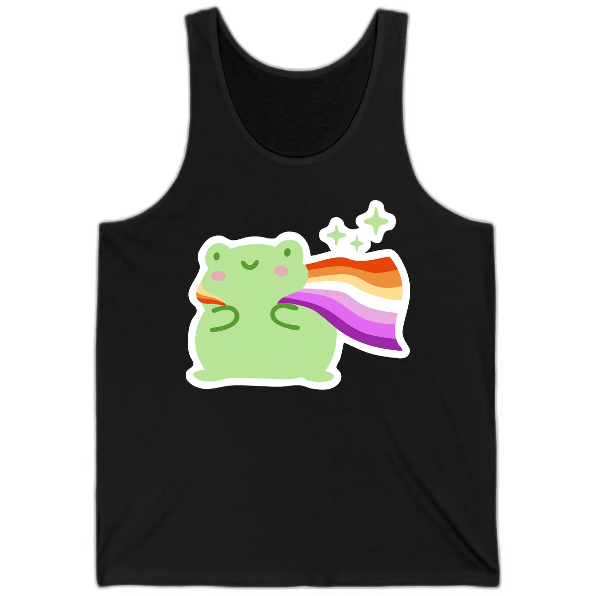 Cute green frog with pink cheeks wearing a rainbow pride cape, surrounded by sparkle stars in Black