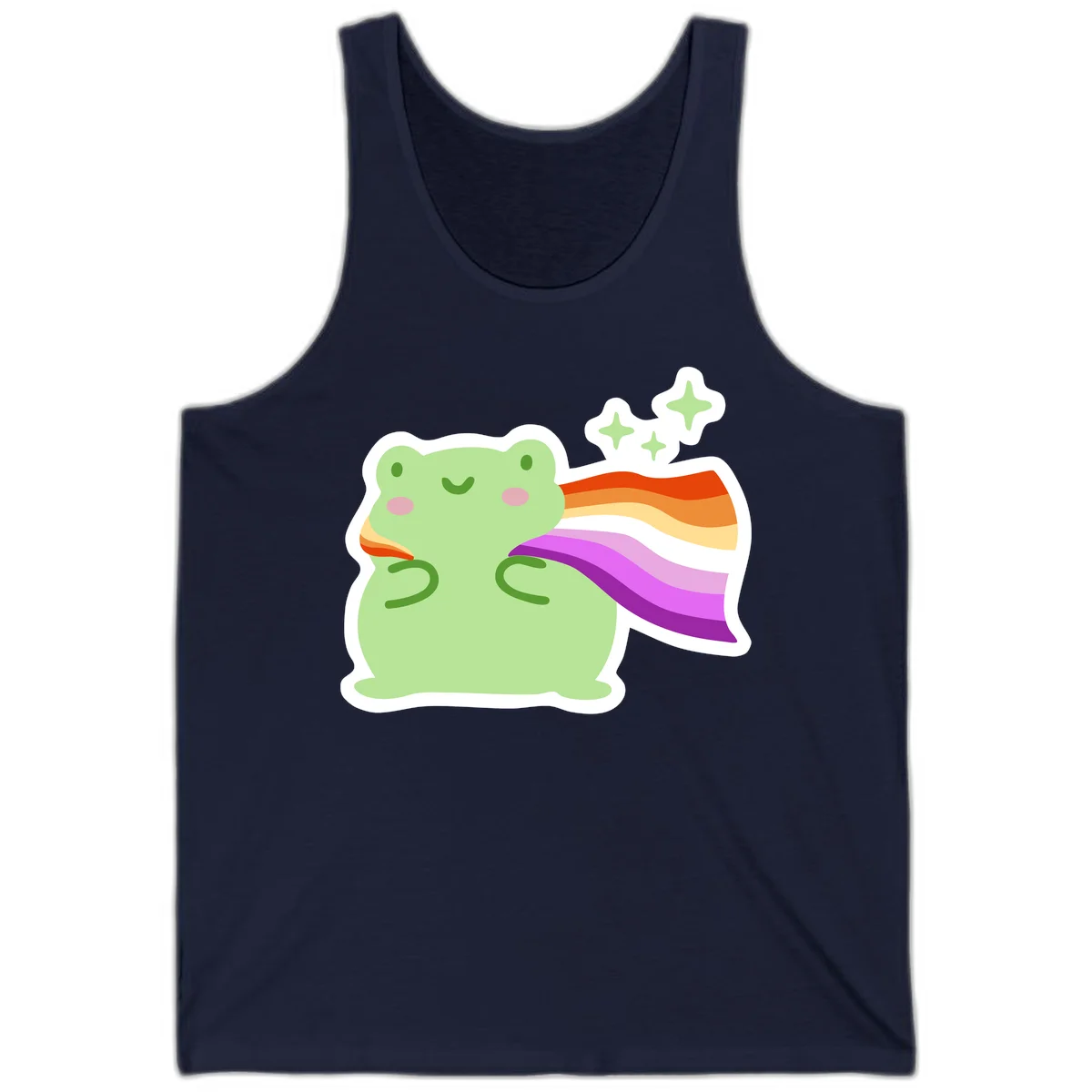 Cute green frog with pink cheeks wearing a rainbow pride cape, surrounded by sparkle stars in Navy