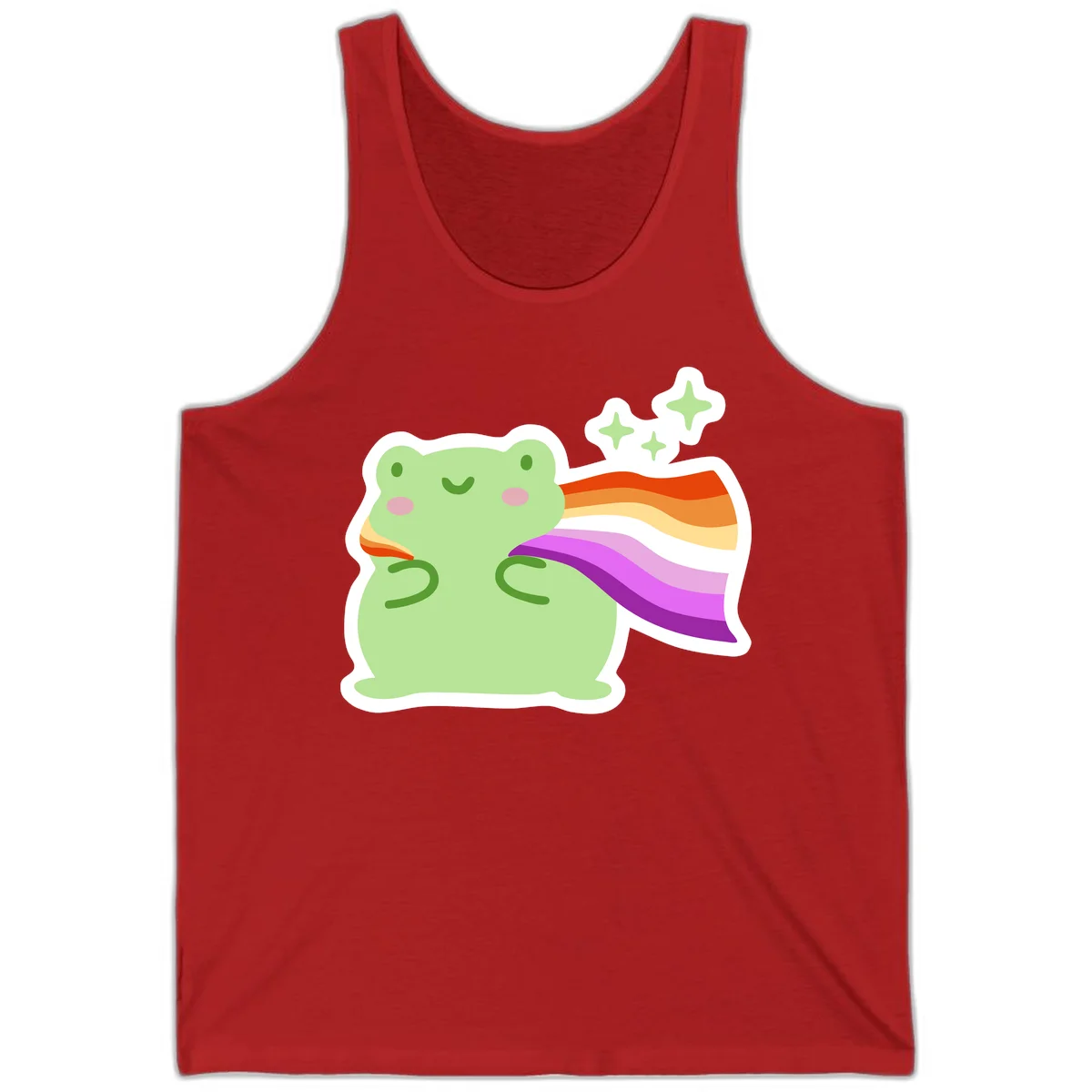 Cute green frog with pink cheeks wearing a rainbow pride cape, surrounded by sparkle stars in Red