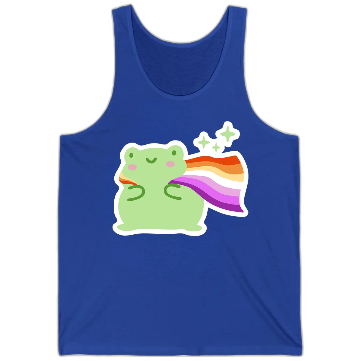 Cute green frog with pink cheeks wearing a rainbow pride cape, surrounded by sparkle stars in True Royal