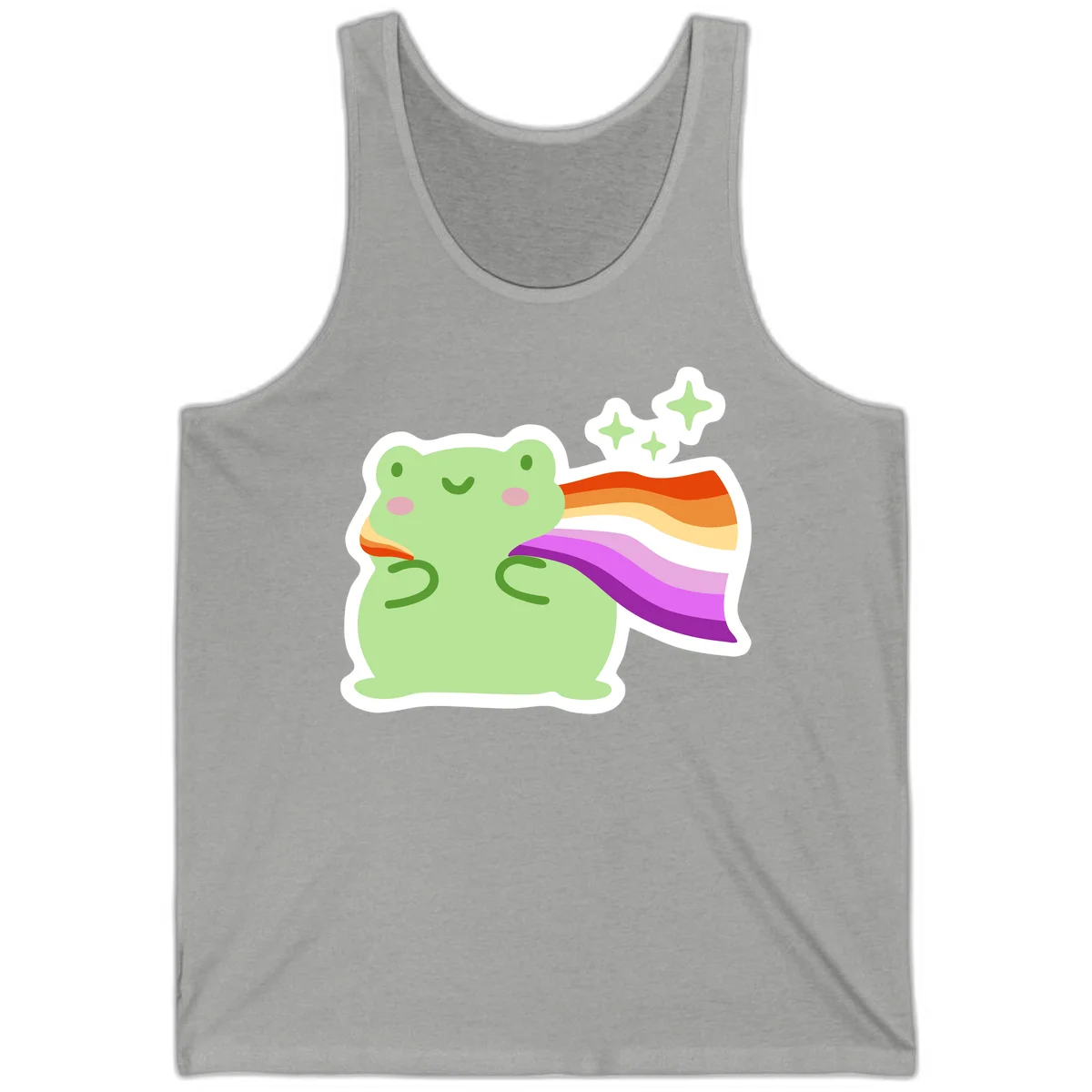 Cute green frog with pink cheeks wearing a rainbow pride cape, surrounded by sparkle stars in Athletic Heather