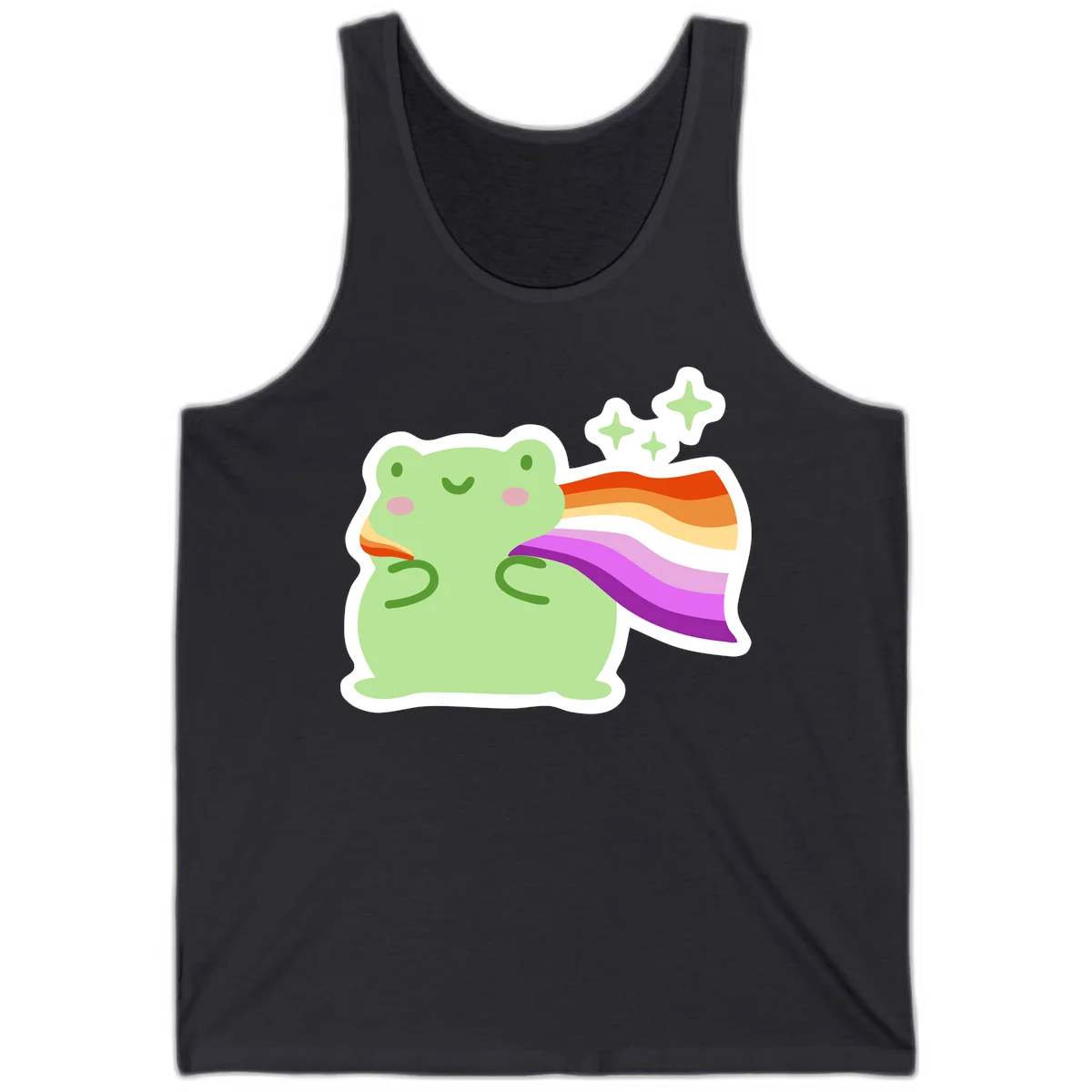 Cute green frog with pink cheeks wearing a rainbow pride cape, surrounded by sparkle stars in Dark Grey