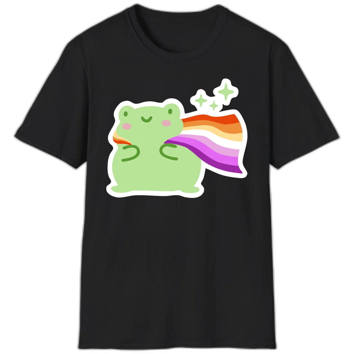 Cute green frog with pink cheeks wearing a rainbow pride cape, surrounded by sparkle stars in Black