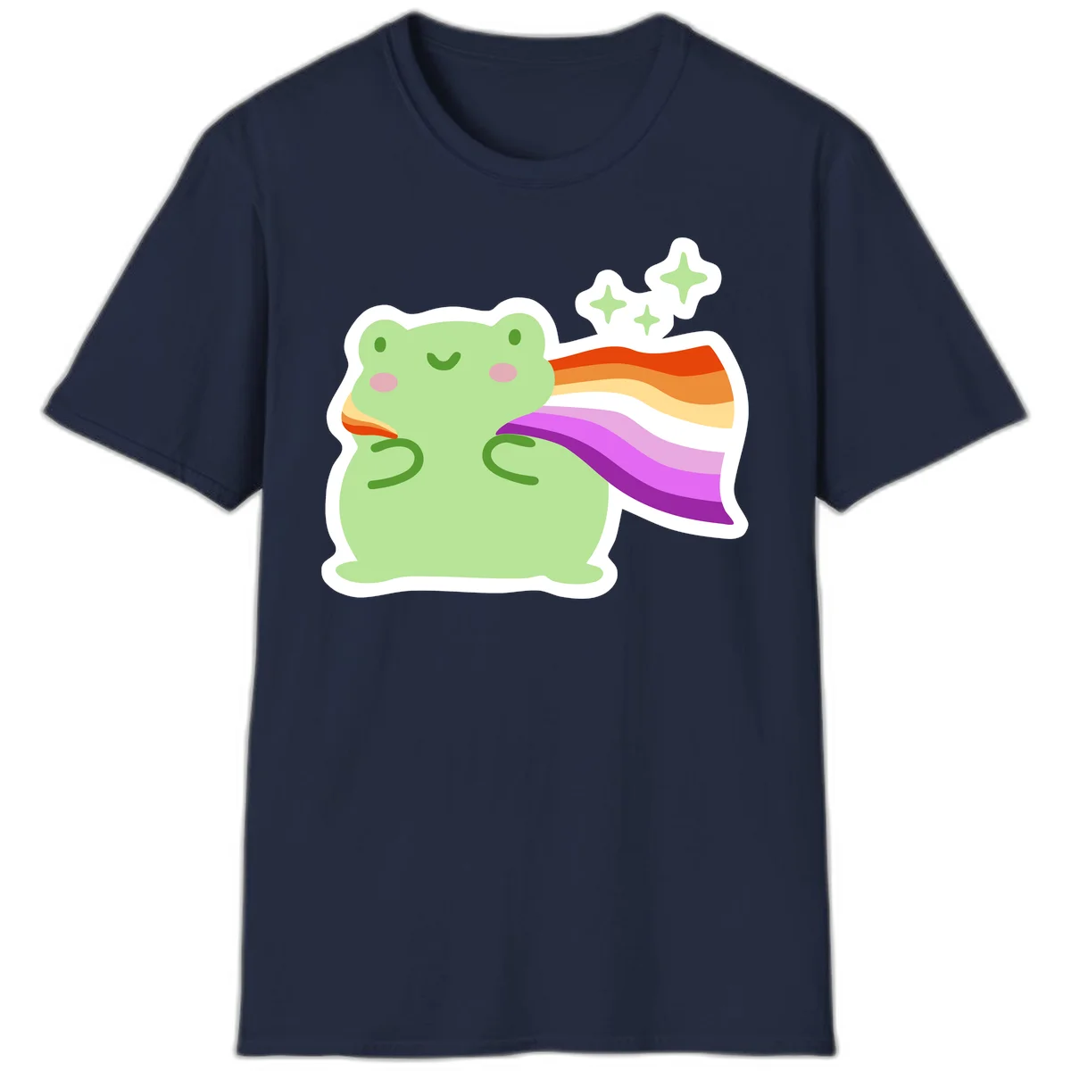 Cute green frog with pink cheeks wearing a rainbow pride cape, surrounded by sparkle stars in Navy
