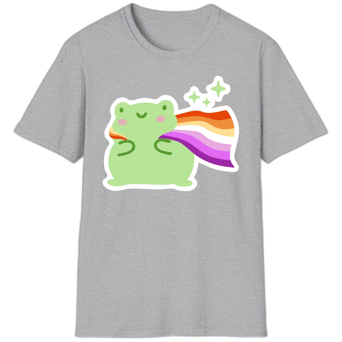 Cute green frog with pink cheeks wearing a rainbow pride cape, surrounded by sparkle stars in Sport Grey