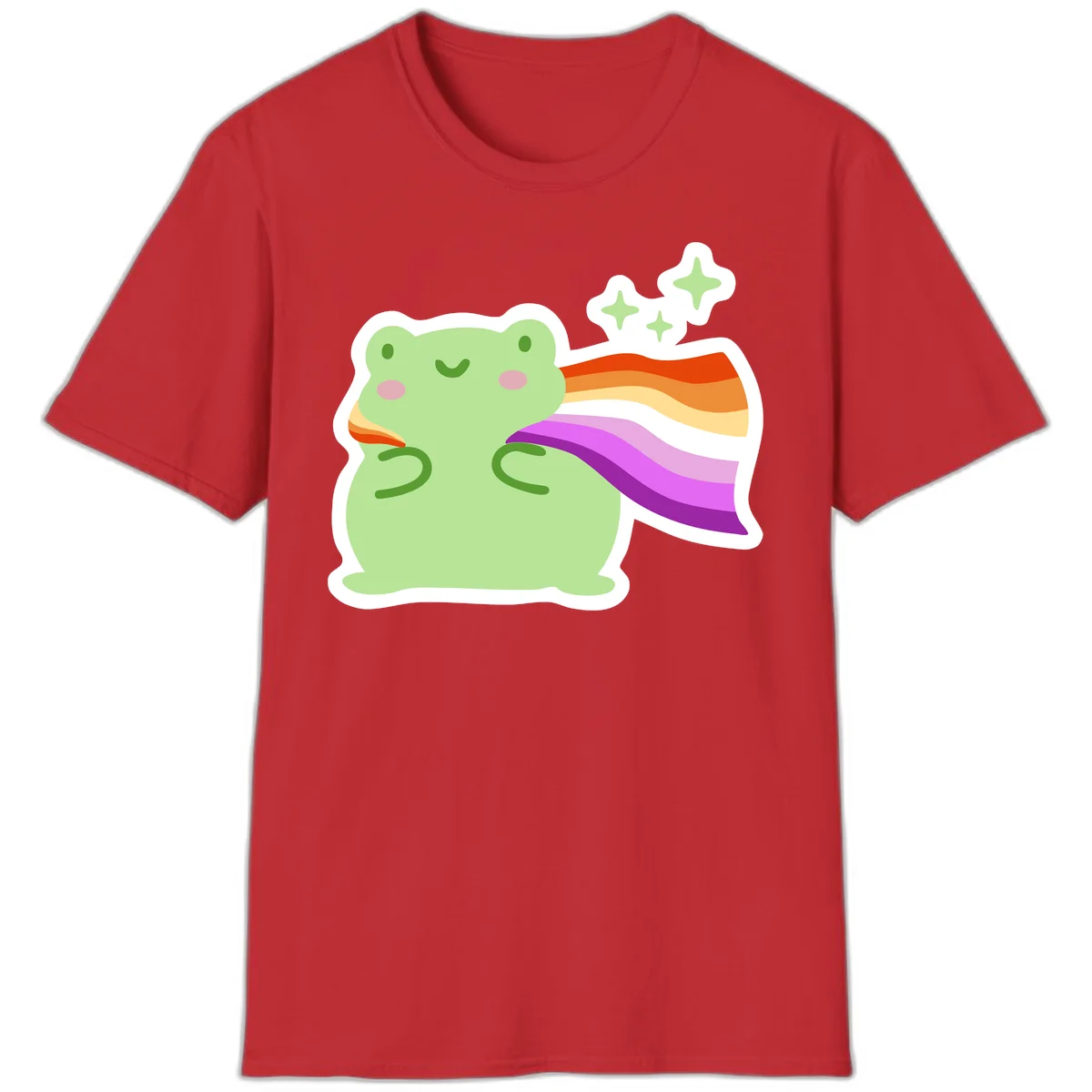 Cute green frog with pink cheeks wearing a rainbow pride cape, surrounded by sparkle stars in Red