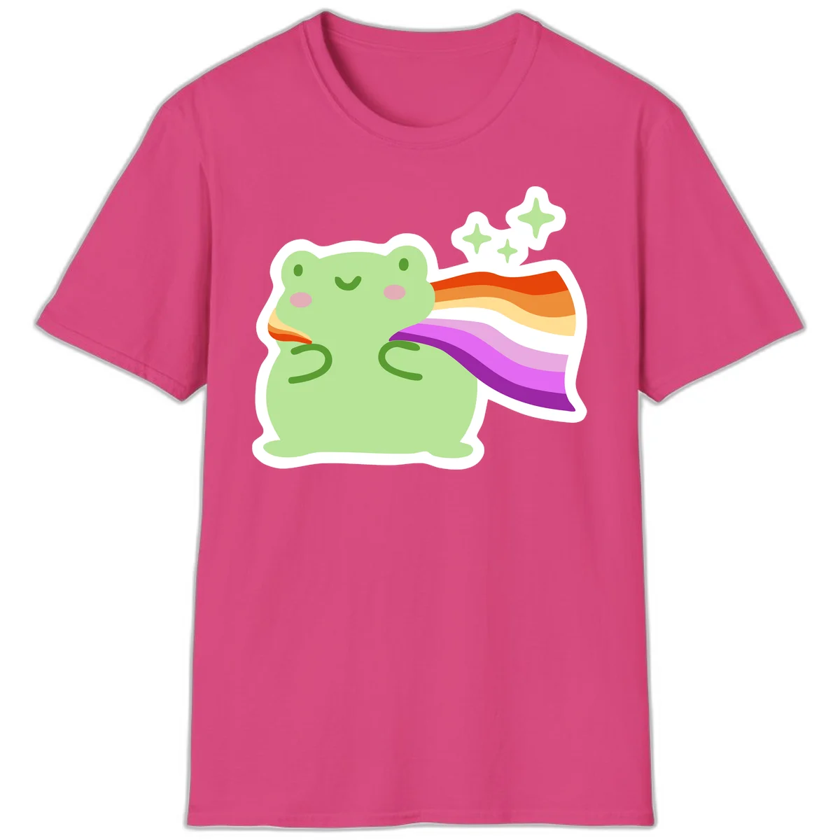 Cute green frog with pink cheeks wearing a rainbow pride cape, surrounded by sparkle stars in Heliconia