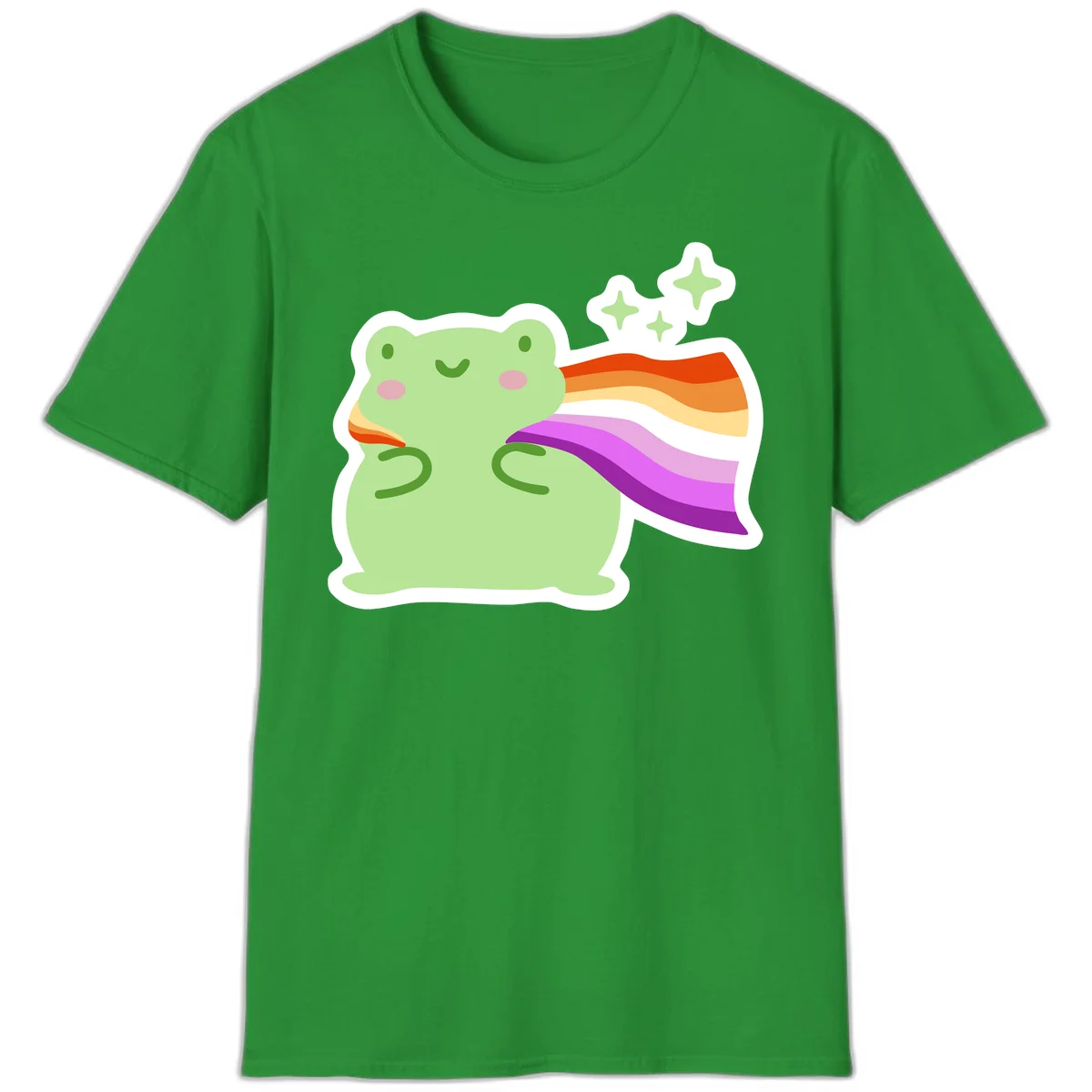 Cute green frog with pink cheeks wearing a rainbow pride cape, surrounded by sparkle stars in Irish Green