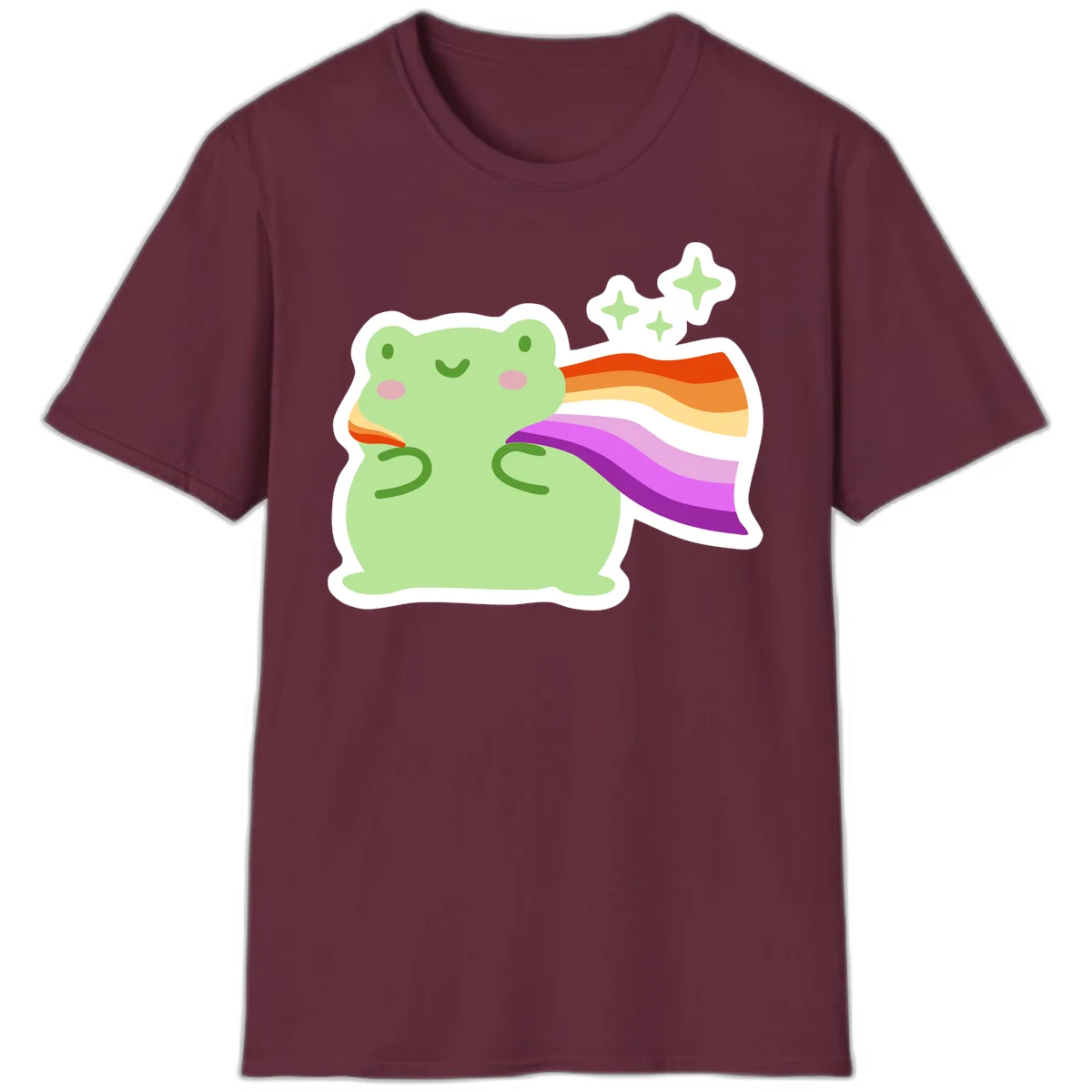 Cute green frog with pink cheeks wearing a rainbow pride cape, surrounded by sparkle stars in Maroon
