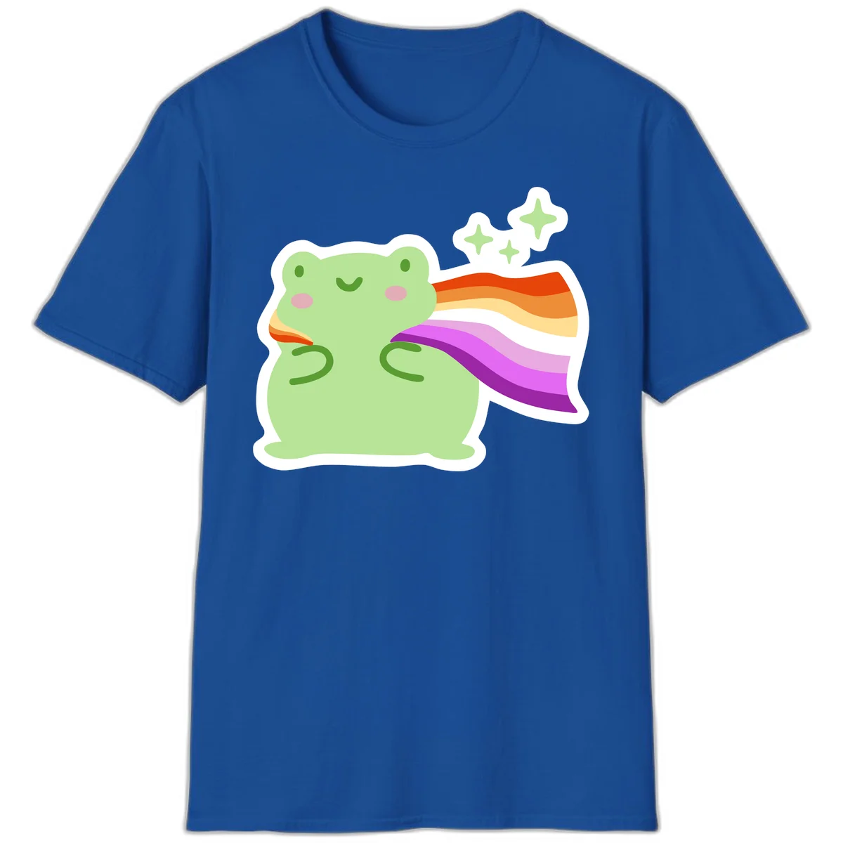 Cute green frog with pink cheeks wearing a rainbow pride cape, surrounded by sparkle stars in Royal