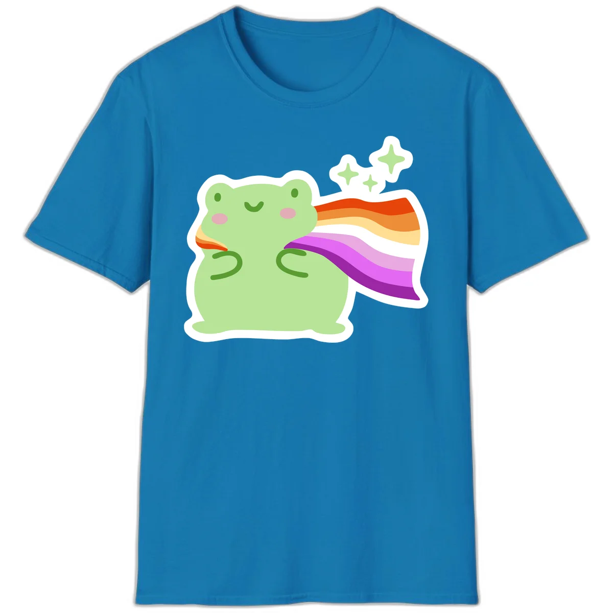 Cute green frog with pink cheeks wearing a rainbow pride cape, surrounded by sparkle stars in Sapphire