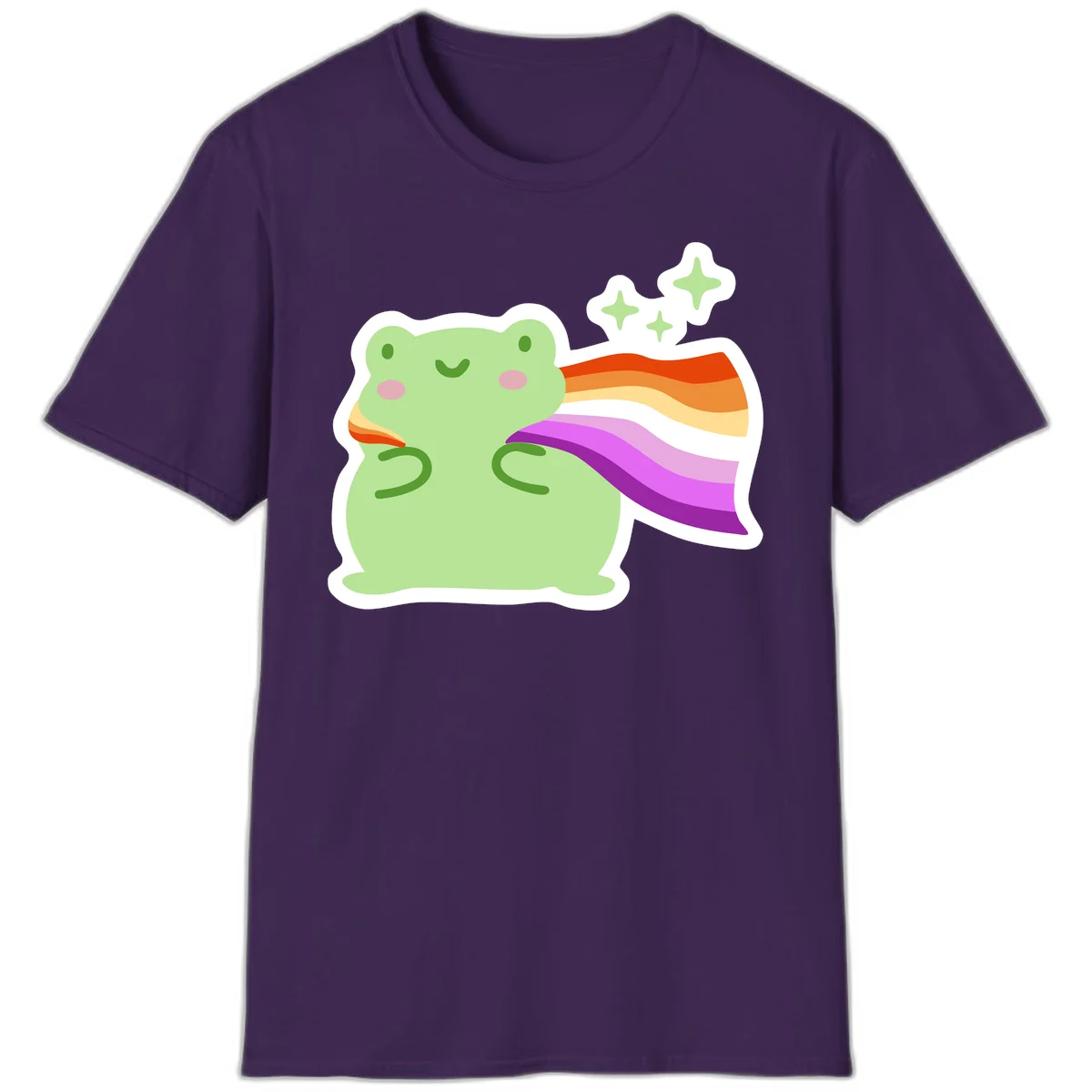 Cute green frog with pink cheeks wearing a rainbow pride cape, surrounded by sparkle stars in Purple
