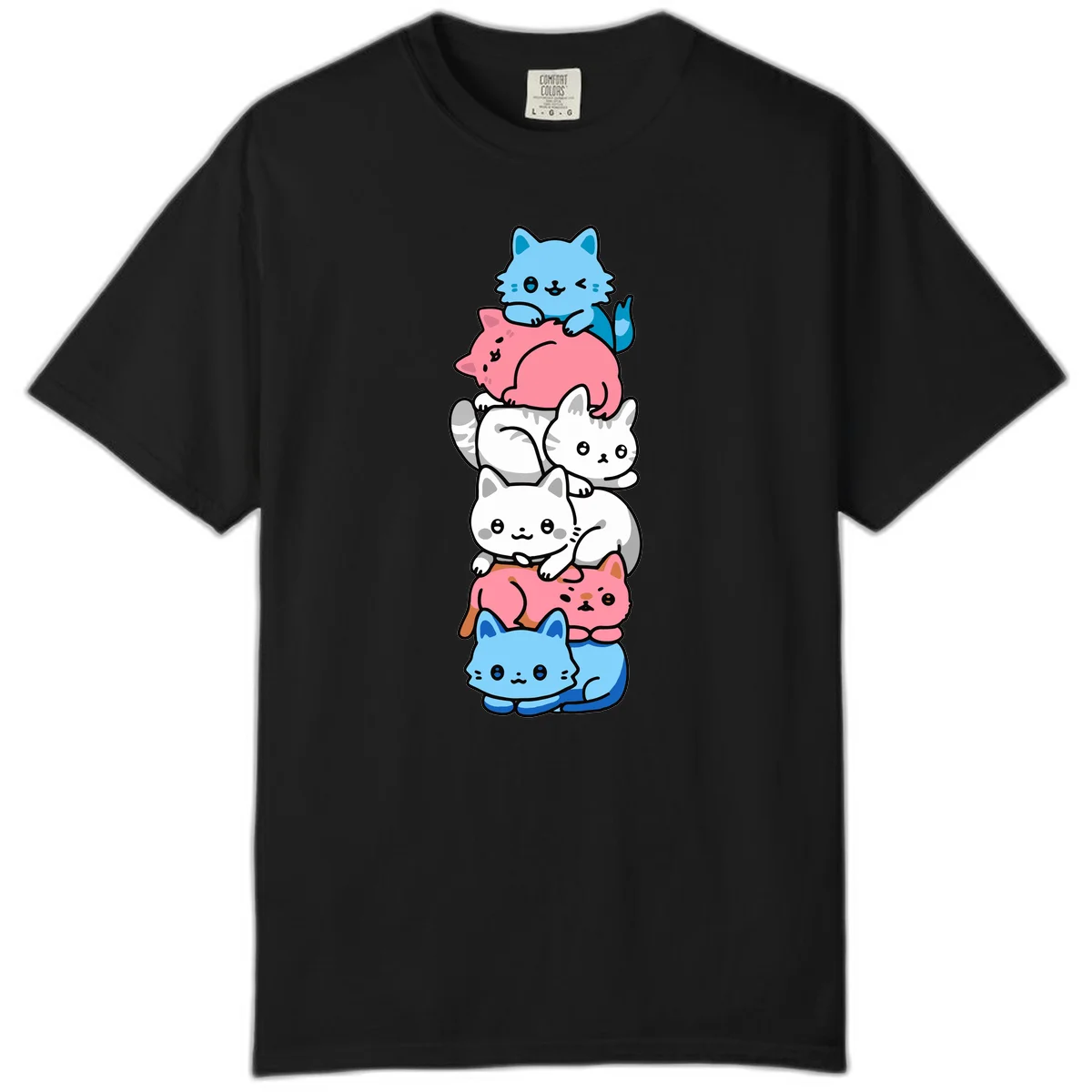Six stacked kawaii-style cats in light blue, pink, and white with cute smiling faces and whiskers, illustrating a colorful stacked-kawaii-cats-pride design in Black
