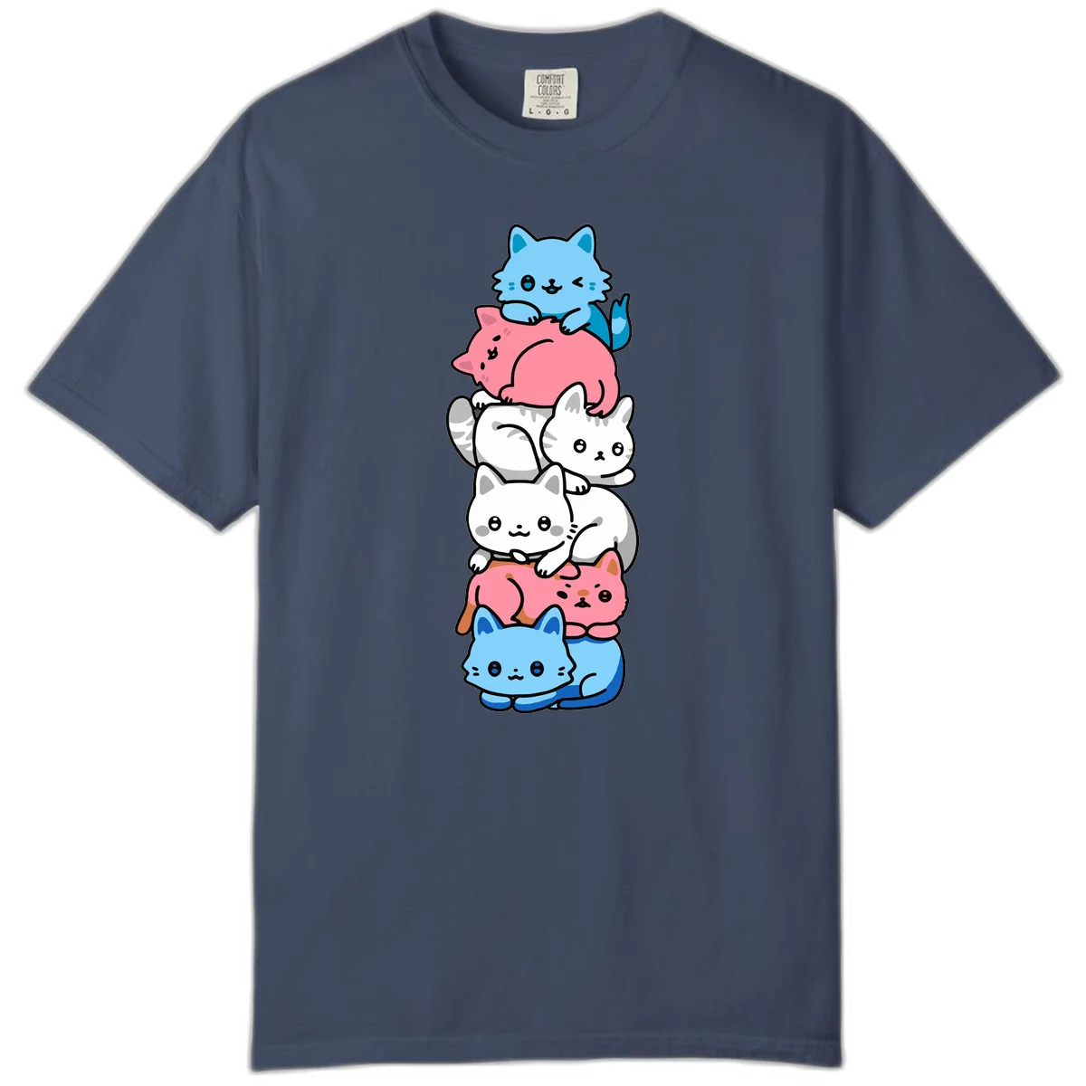 Six stacked kawaii-style cats in light blue, pink, and white with cute smiling faces and whiskers, illustrating a colorful stacked-kawaii-cats-pride design in Midnight