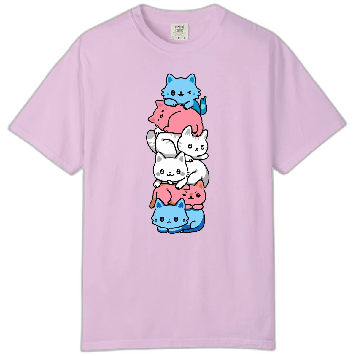 Six stacked kawaii-style cats in light blue, pink, and white with cute smiling faces and whiskers, illustrating a colorful stacked-kawaii-cats-pride design in Orchid