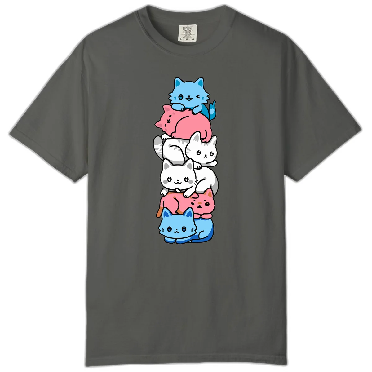 Six stacked kawaii-style cats in light blue, pink, and white with cute smiling faces and whiskers, illustrating a colorful stacked-kawaii-cats-pride design in Pepper