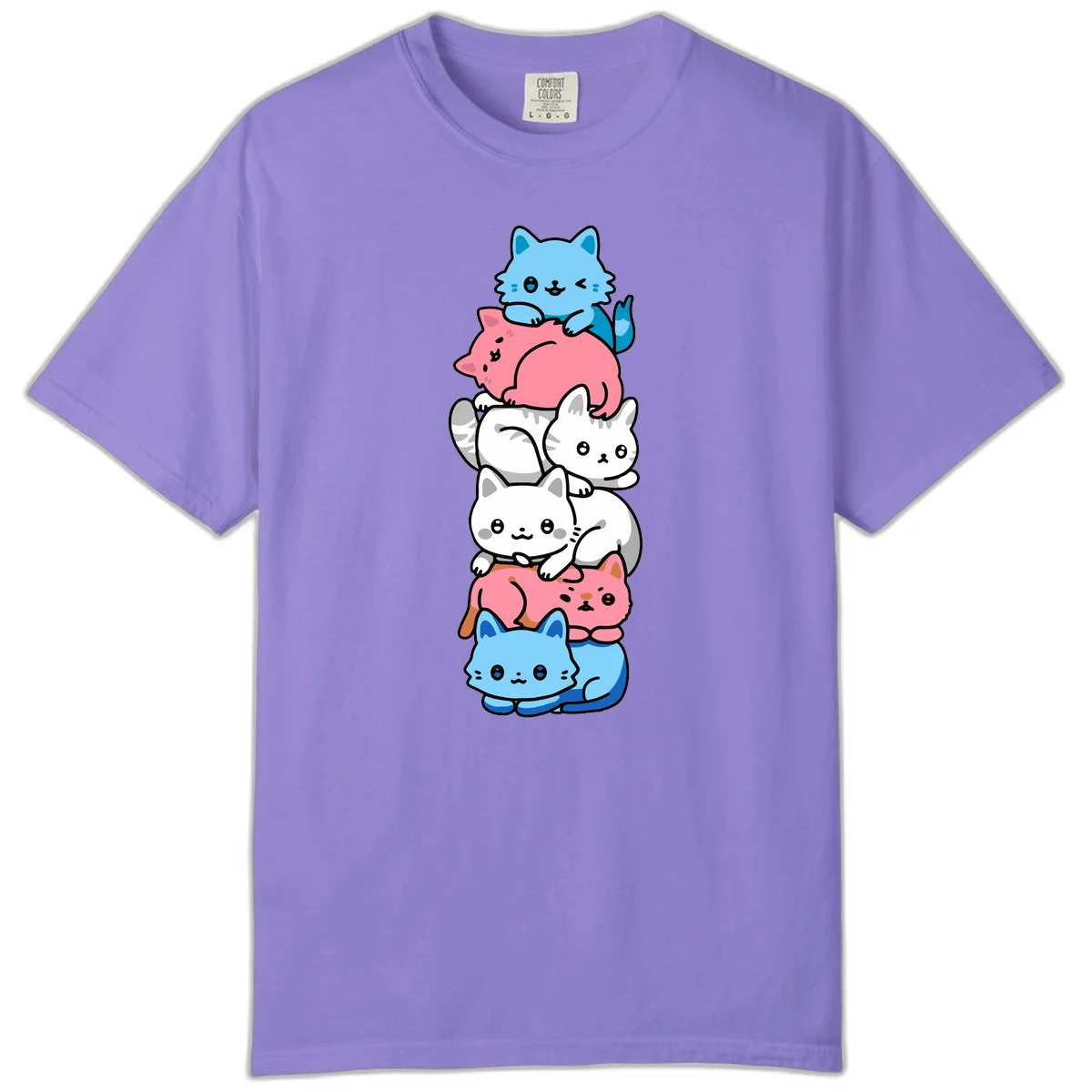 Six stacked kawaii-style cats in light blue, pink, and white with cute smiling faces and whiskers, illustrating a colorful stacked-kawaii-cats-pride design in Violet