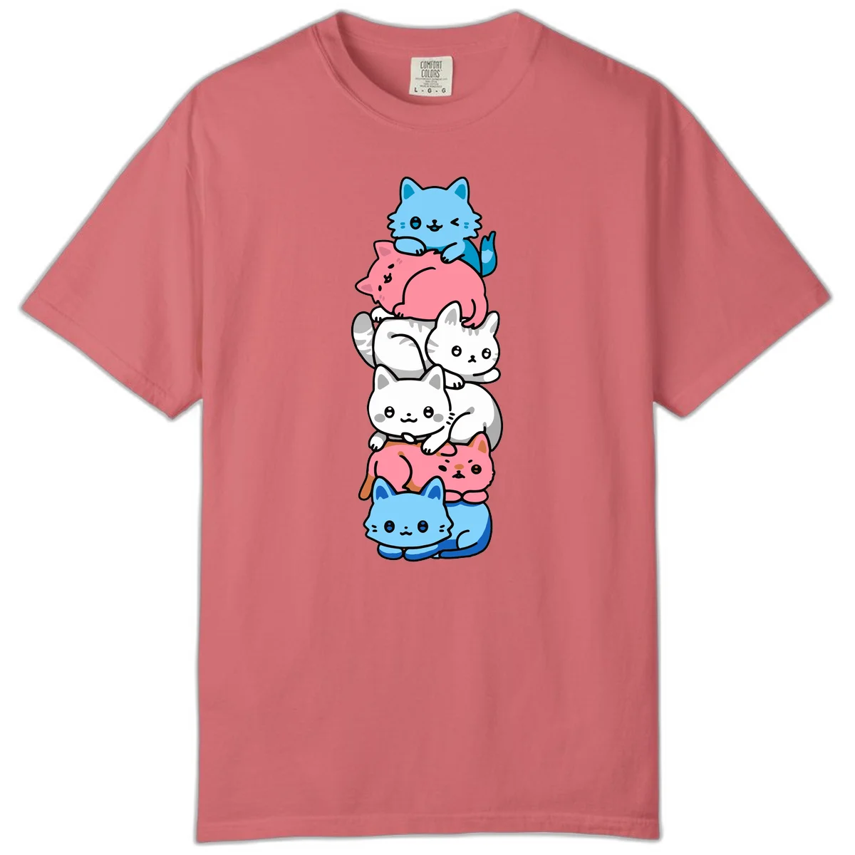 Six stacked kawaii-style cats in light blue, pink, and white with cute smiling faces and whiskers, illustrating a colorful stacked-kawaii-cats-pride design in Watermelon