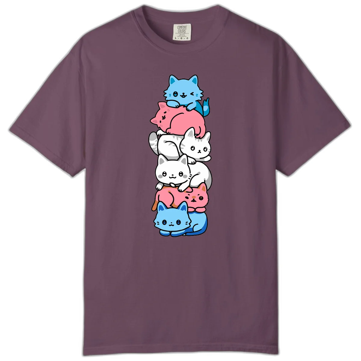 Six stacked kawaii-style cats in light blue, pink, and white with cute smiling faces and whiskers, illustrating a colorful stacked-kawaii-cats-pride design in Berry
