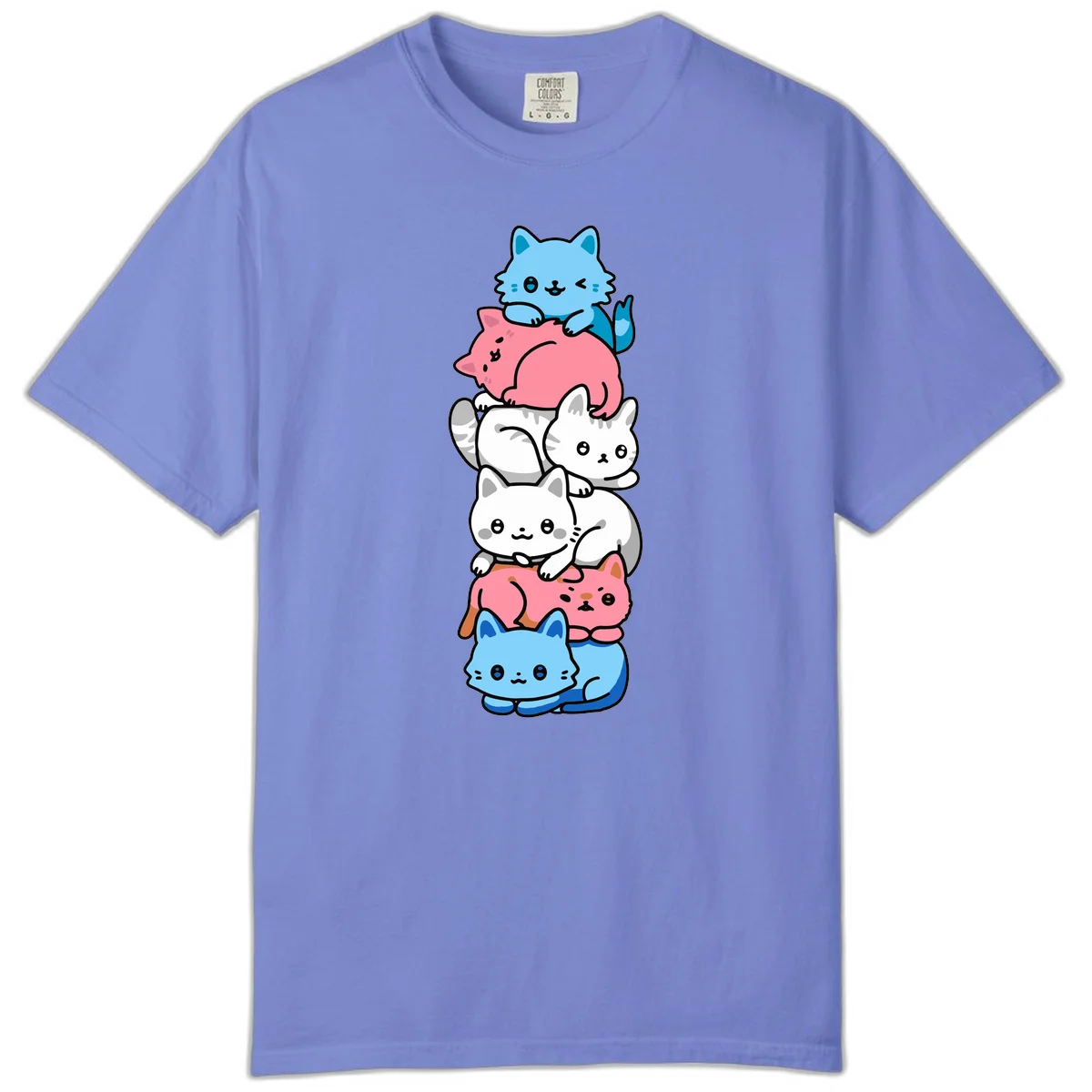 Six stacked kawaii-style cats in light blue, pink, and white with cute smiling faces and whiskers, illustrating a colorful stacked-kawaii-cats-pride design in Flo Blue