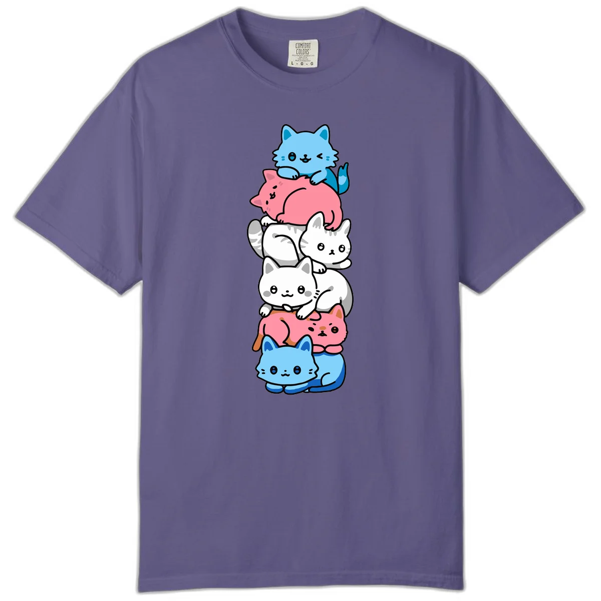 Six stacked kawaii-style cats in light blue, pink, and white with cute smiling faces and whiskers, illustrating a colorful stacked-kawaii-cats-pride design in Grape
