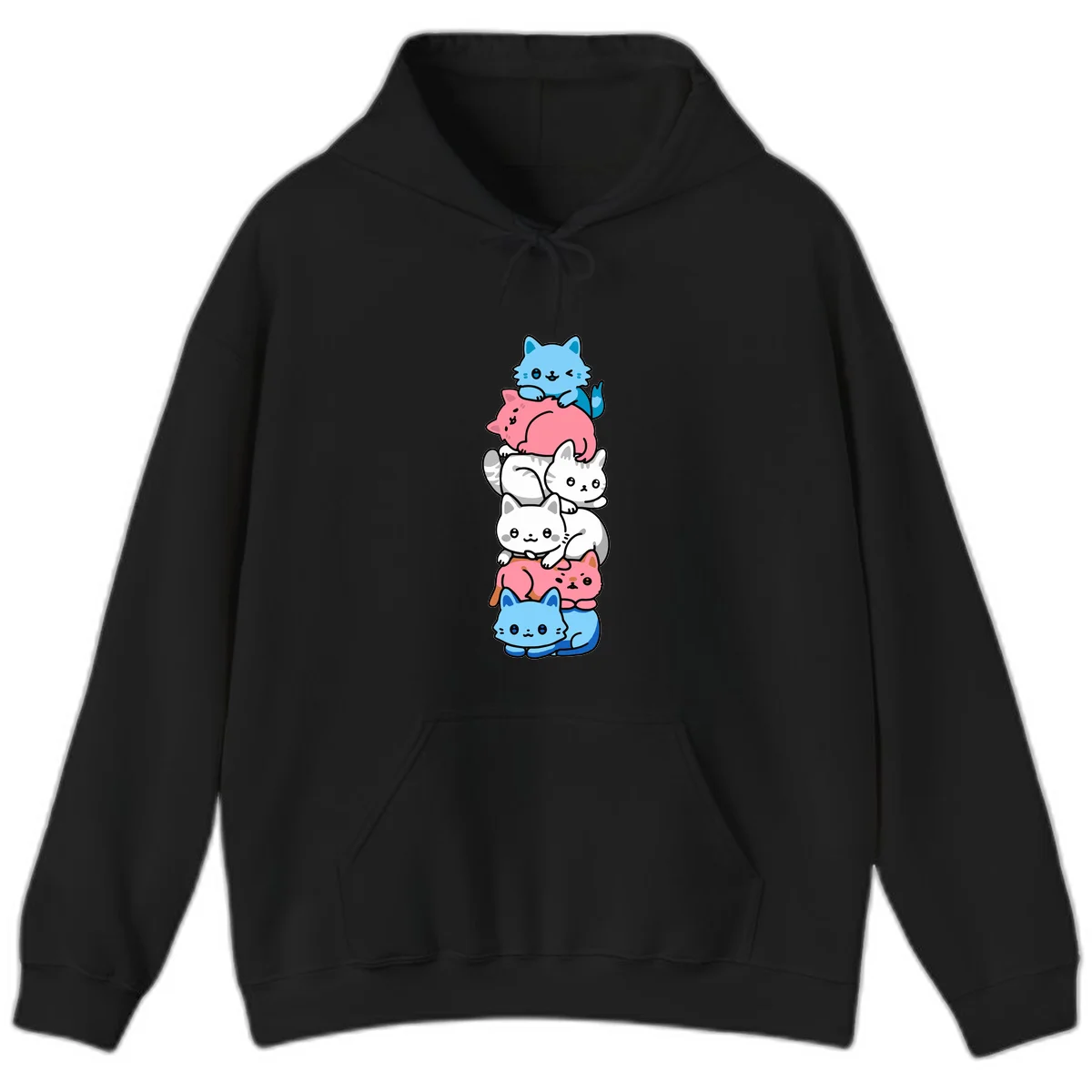 Six stacked kawaii-style cats in light blue, pink, and white with cute smiling faces and whiskers, illustrating a colorful stacked-kawaii-cats-pride design in Black