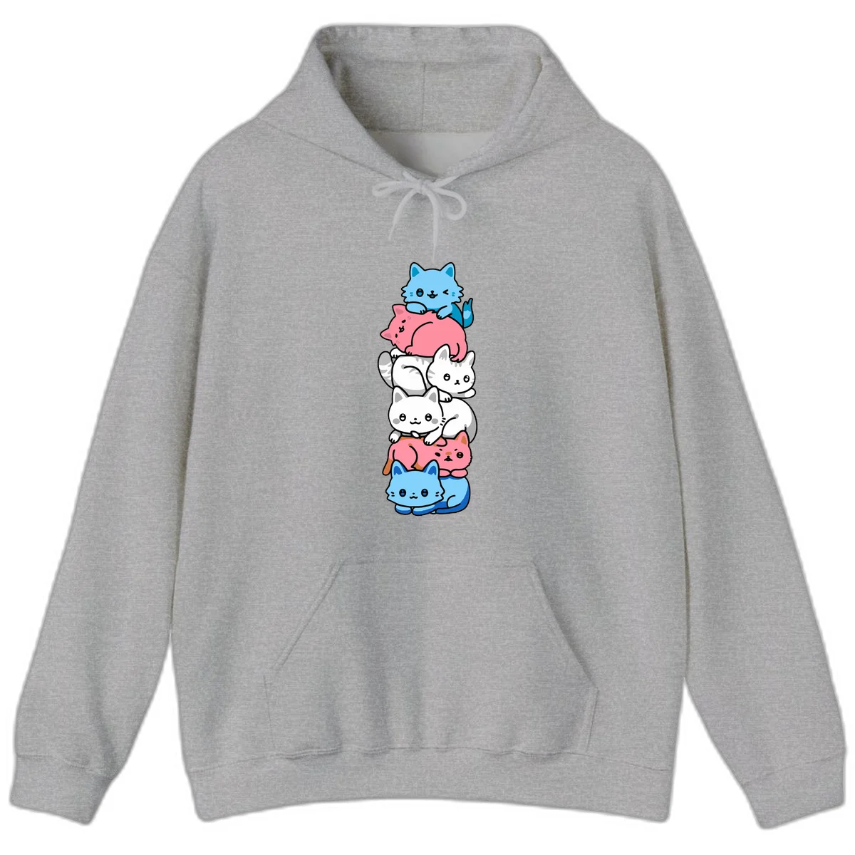 Six stacked kawaii-style cats in light blue, pink, and white with cute smiling faces and whiskers, illustrating a colorful stacked-kawaii-cats-pride design in Sport Grey