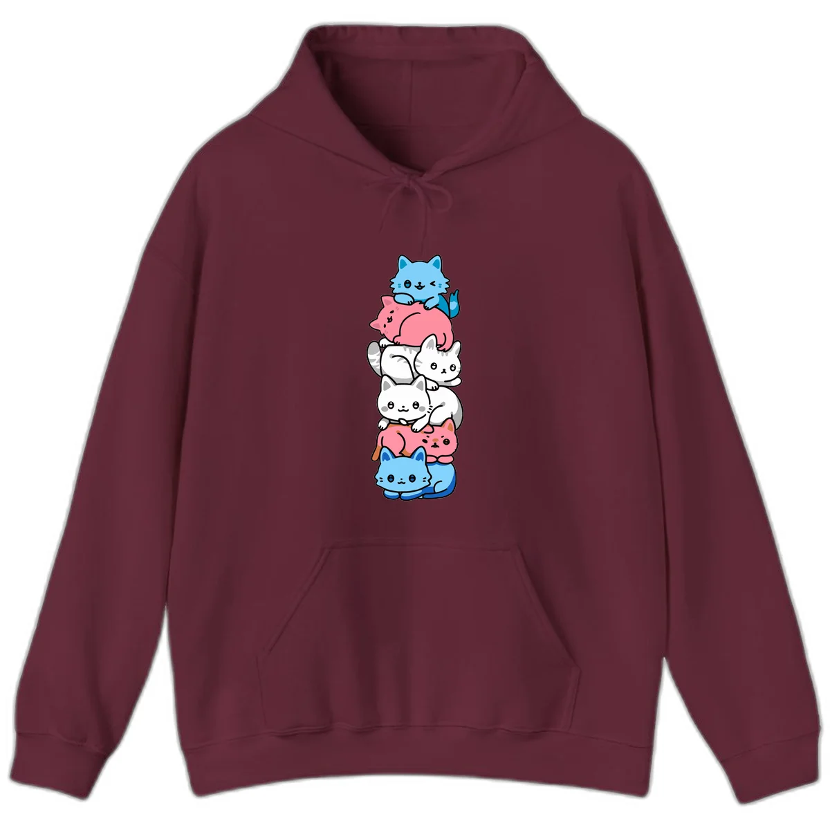 Six stacked kawaii-style cats in light blue, pink, and white with cute smiling faces and whiskers, illustrating a colorful stacked-kawaii-cats-pride design in Maroon