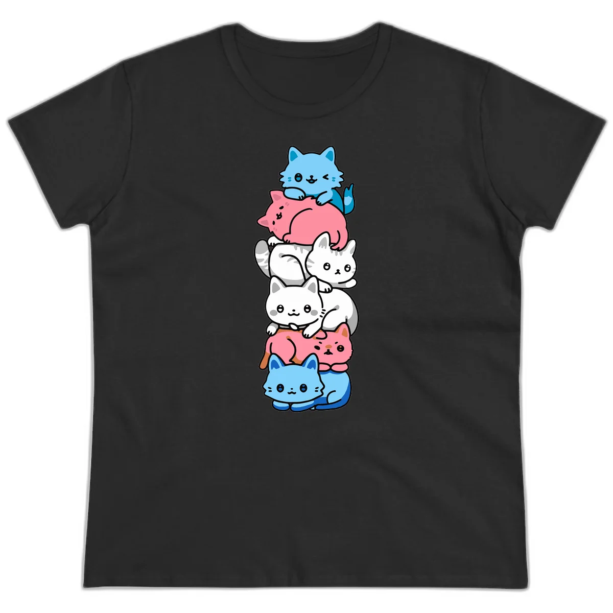 Six stacked kawaii-style cats in light blue, pink, and white with cute smiling faces and whiskers, illustrating a colorful stacked-kawaii-cats-pride design in Black