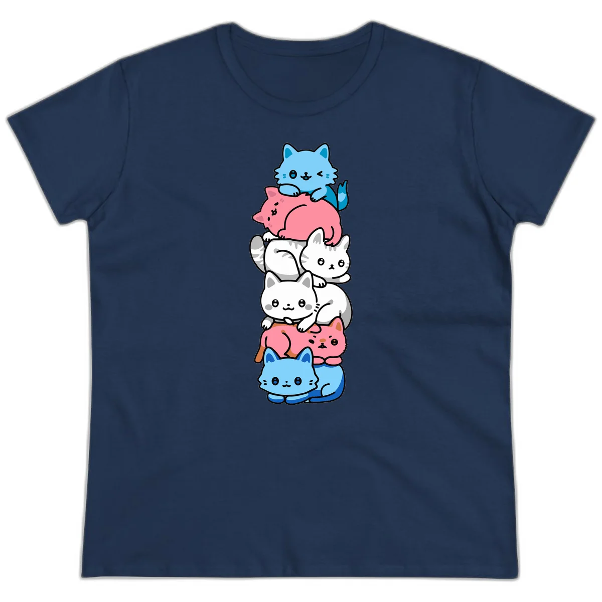 Six stacked kawaii-style cats in light blue, pink, and white with cute smiling faces and whiskers, illustrating a colorful stacked-kawaii-cats-pride design in Navy