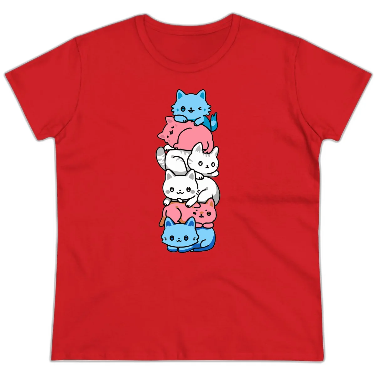 Six stacked kawaii-style cats in light blue, pink, and white with cute smiling faces and whiskers, illustrating a colorful stacked-kawaii-cats-pride design in Red