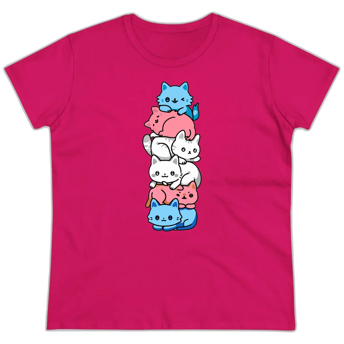 Six stacked kawaii-style cats in light blue, pink, and white with cute smiling faces and whiskers, illustrating a colorful stacked-kawaii-cats-pride design in Heliconia