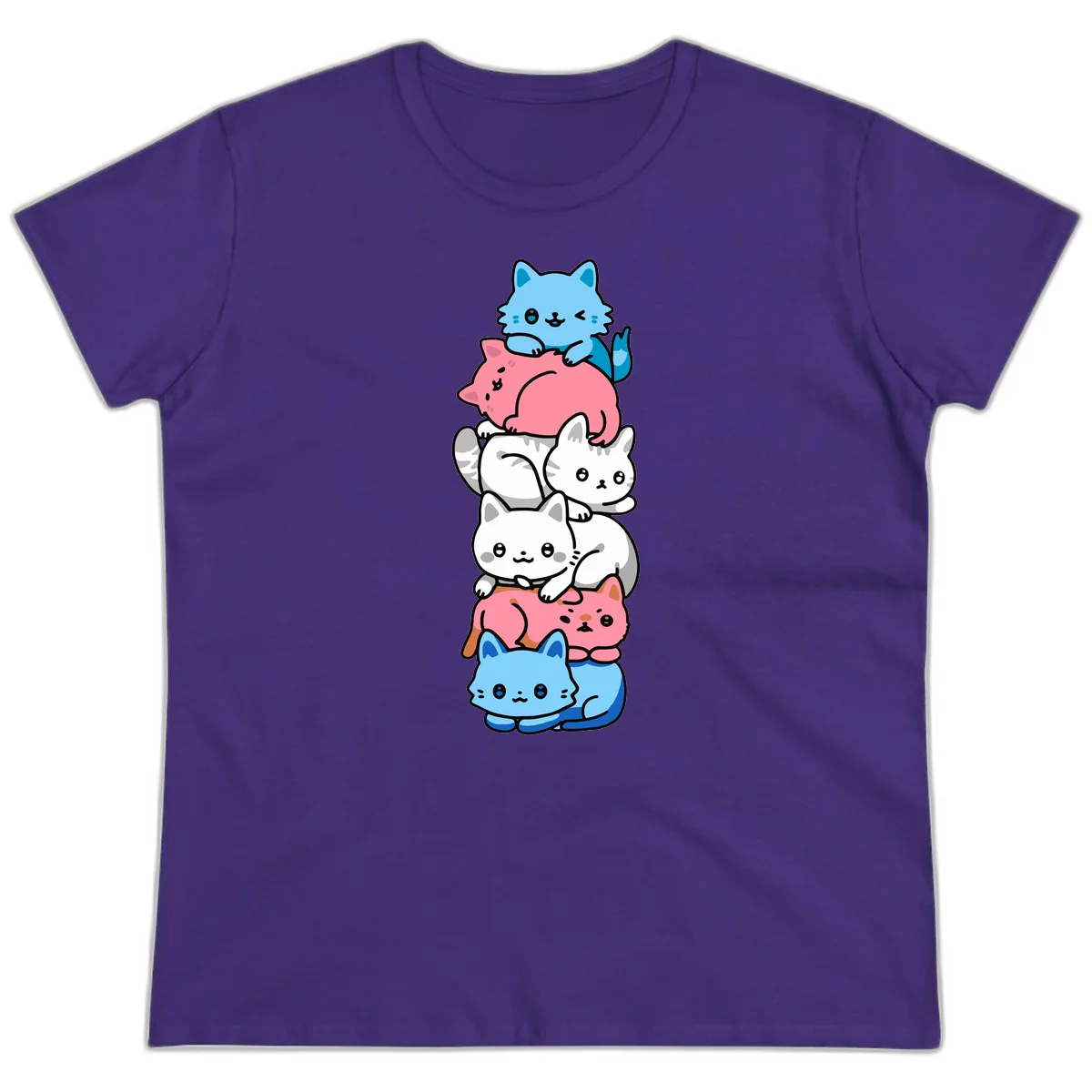 Six stacked kawaii-style cats in light blue, pink, and white with cute smiling faces and whiskers, illustrating a colorful stacked-kawaii-cats-pride design in Purple