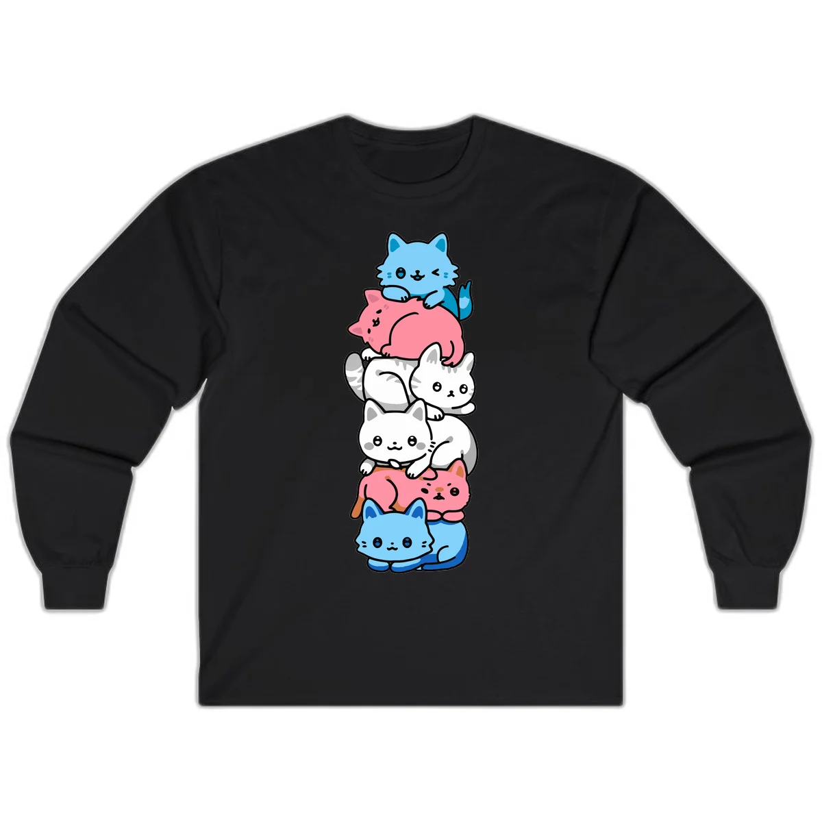 Six stacked kawaii-style cats in light blue, pink, and white with cute smiling faces and whiskers, illustrating a colorful stacked-kawaii-cats-pride design in Black