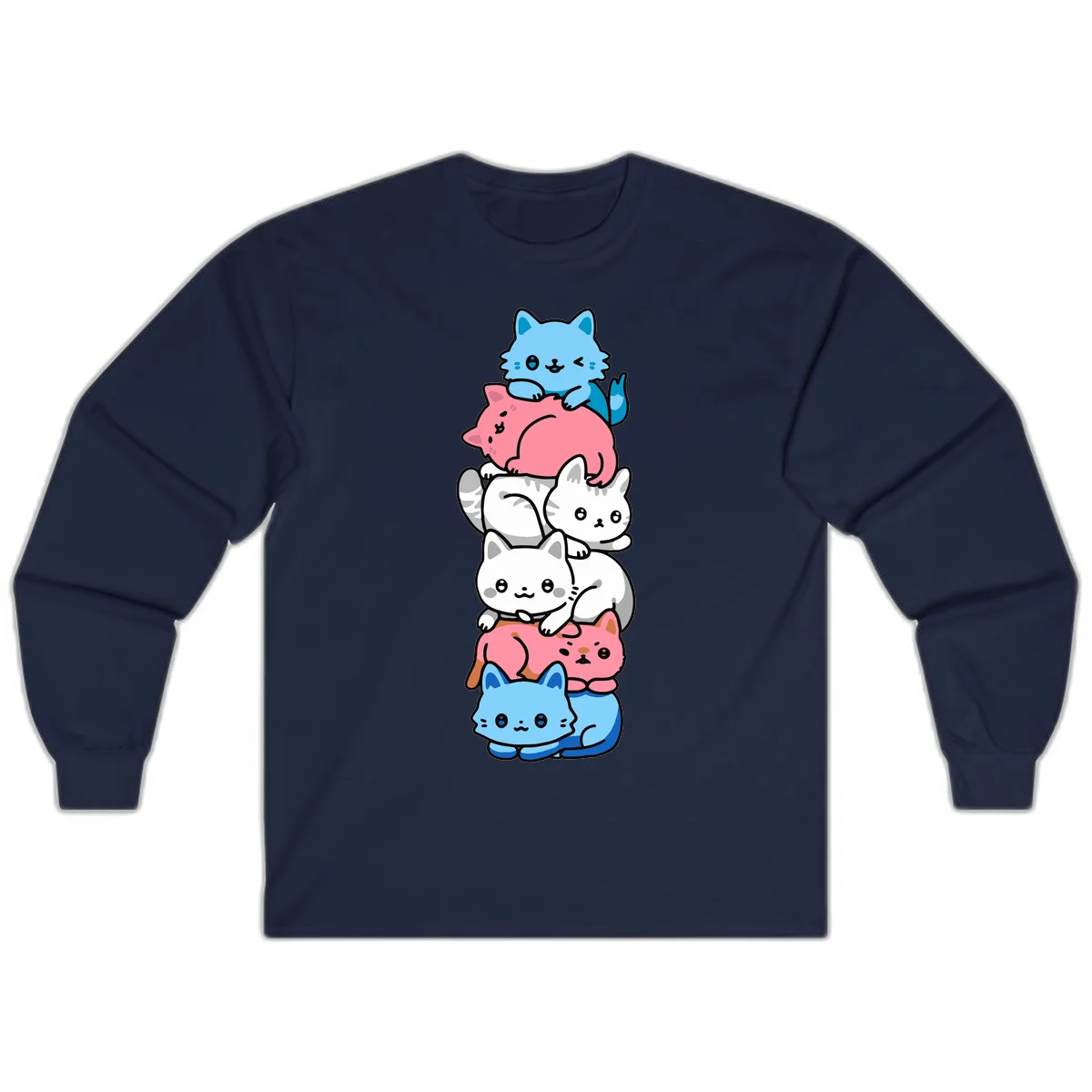 Six stacked kawaii-style cats in light blue, pink, and white with cute smiling faces and whiskers, illustrating a colorful stacked-kawaii-cats-pride design in Navy