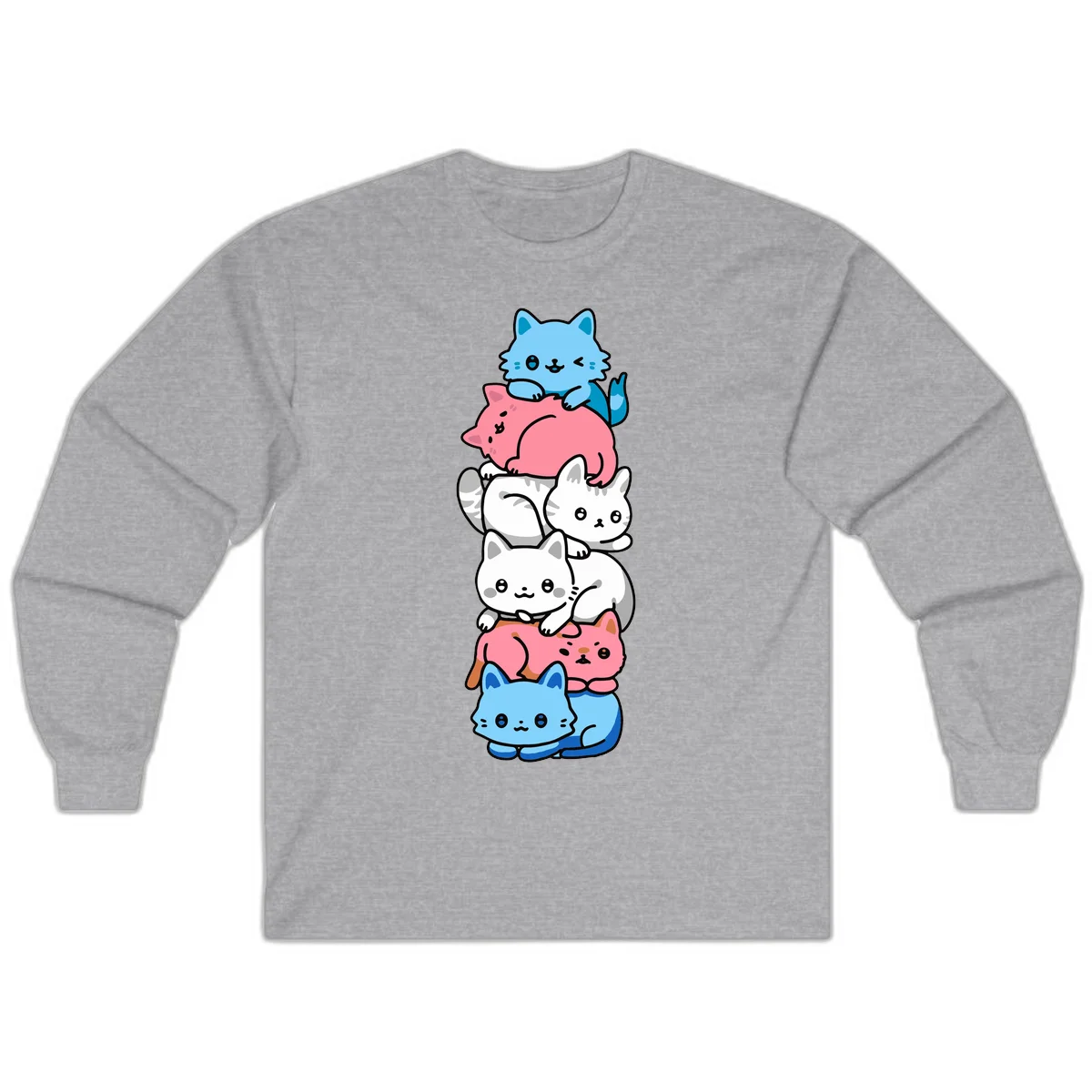 Six stacked kawaii-style cats in light blue, pink, and white with cute smiling faces and whiskers, illustrating a colorful stacked-kawaii-cats-pride design in Sport Grey