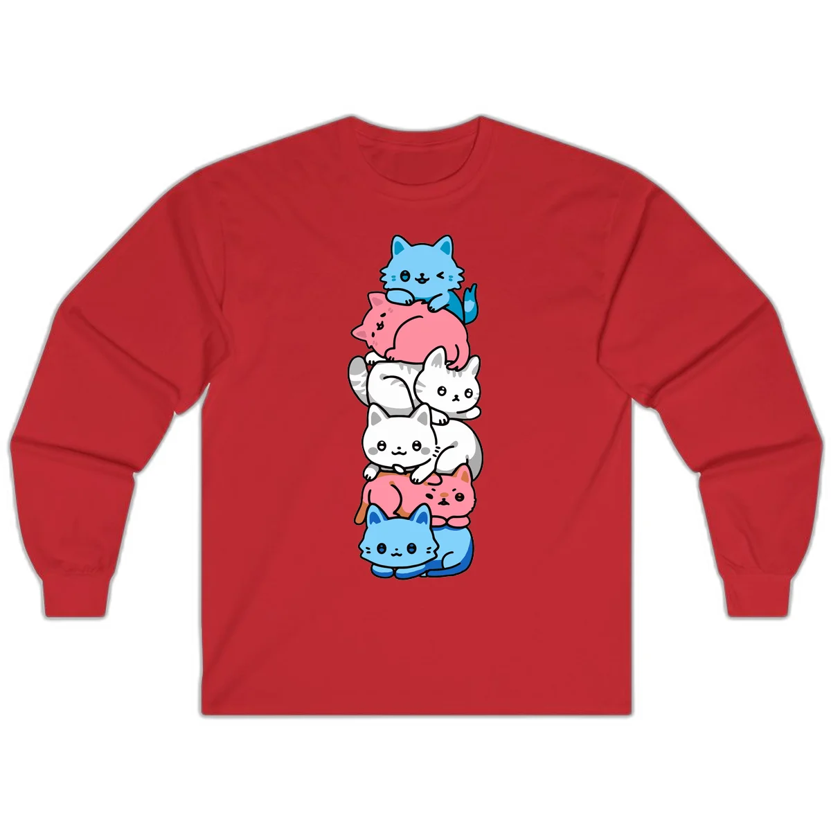 Six stacked kawaii-style cats in light blue, pink, and white with cute smiling faces and whiskers, illustrating a colorful stacked-kawaii-cats-pride design in Red