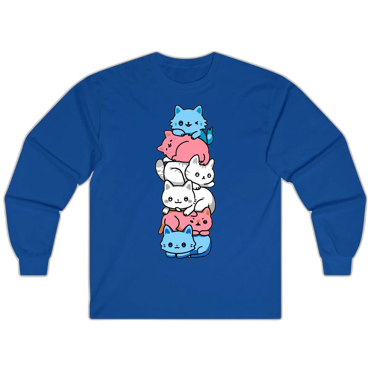 Six stacked kawaii-style cats in light blue, pink, and white with cute smiling faces and whiskers, illustrating a colorful stacked-kawaii-cats-pride design in Royal