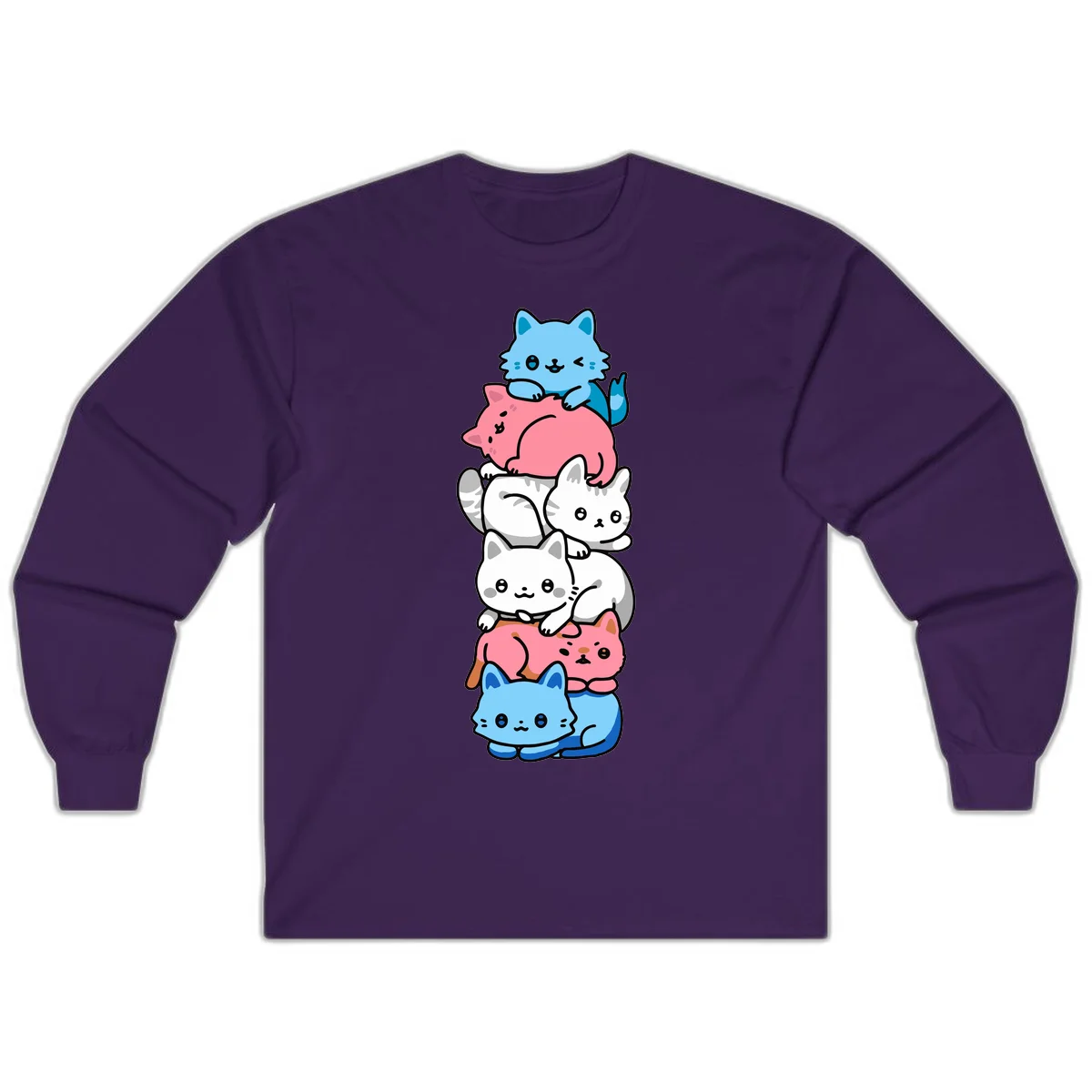 Six stacked kawaii-style cats in light blue, pink, and white with cute smiling faces and whiskers, illustrating a colorful stacked-kawaii-cats-pride design in Purple
