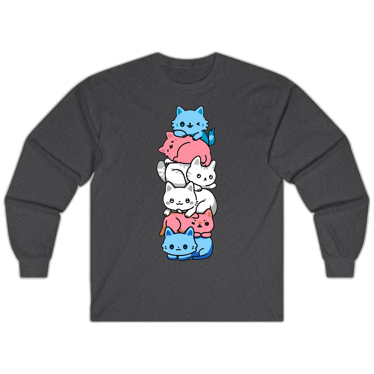 Six stacked kawaii-style cats in light blue, pink, and white with cute smiling faces and whiskers, illustrating a colorful stacked-kawaii-cats-pride design in Dark Heather