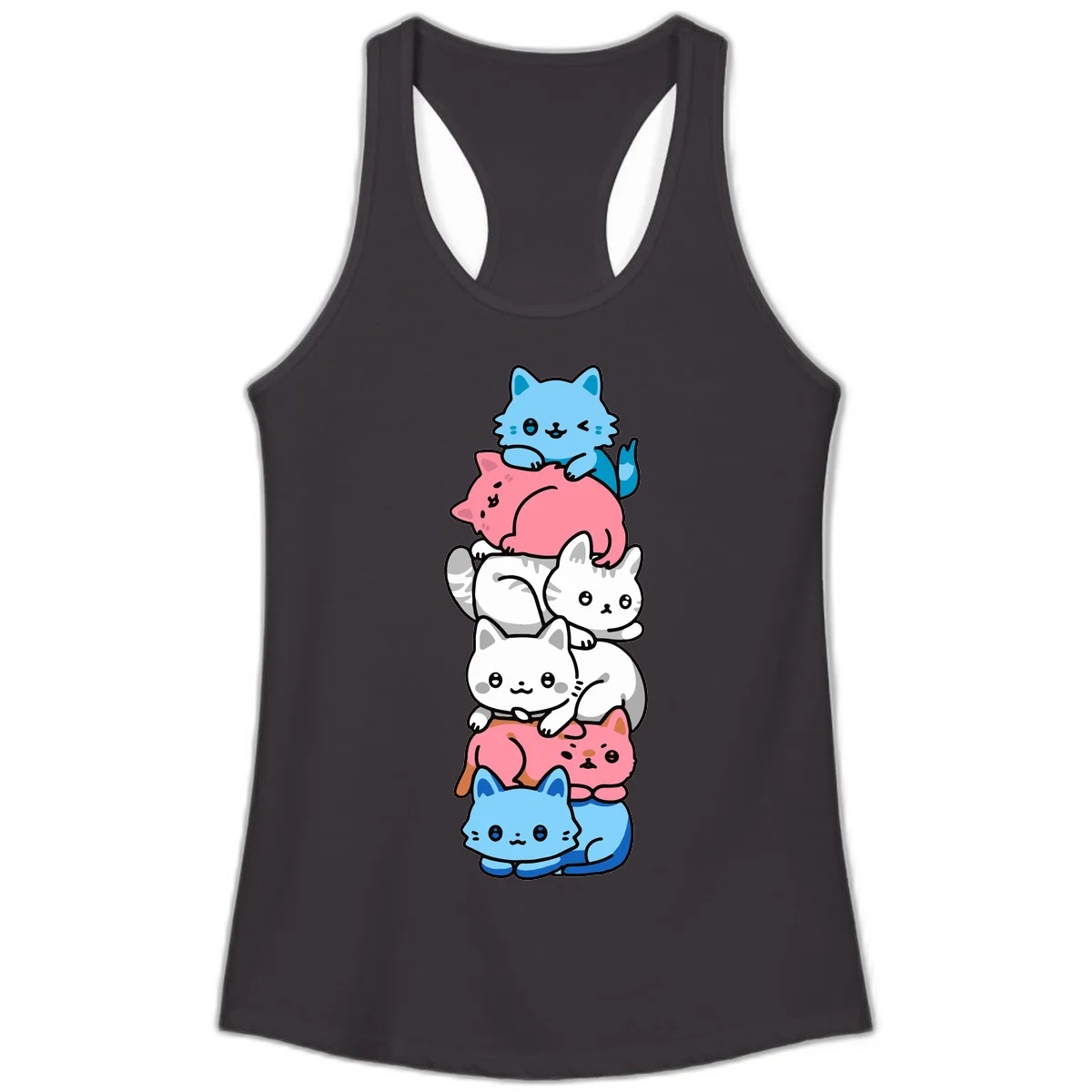 Six stacked kawaii-style cats in light blue, pink, and white with cute smiling faces and whiskers, illustrating a colorful stacked-kawaii-cats-pride design in Black