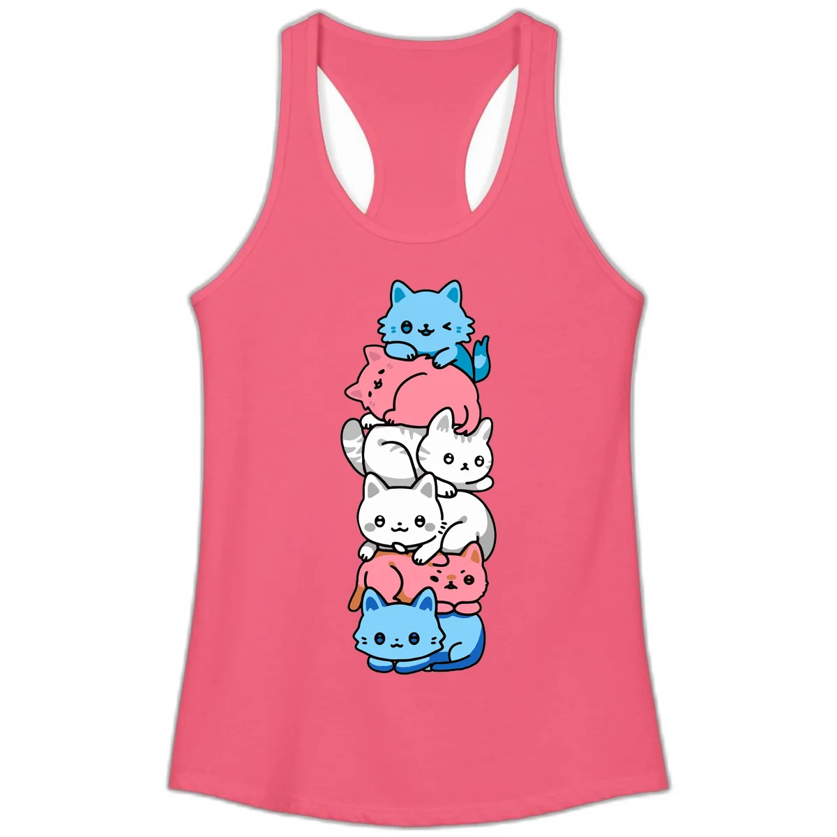 Six stacked kawaii-style cats in light blue, pink, and white with cute smiling faces and whiskers, illustrating a colorful stacked-kawaii-cats-pride design in Hot Pink
