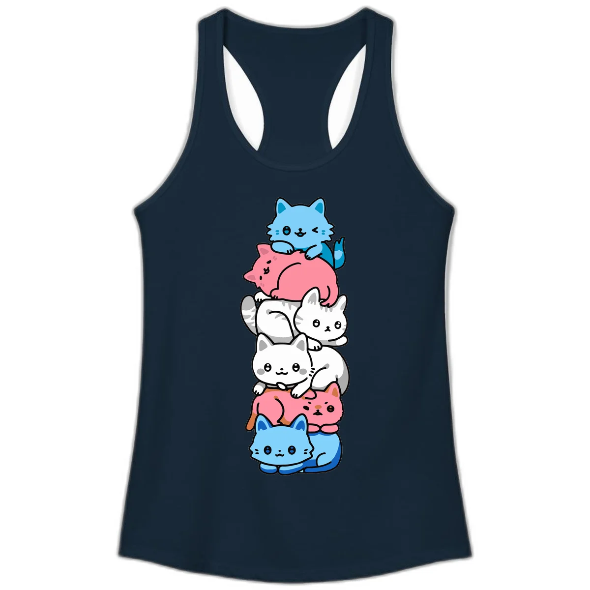 Six stacked kawaii-style cats in light blue, pink, and white with cute smiling faces and whiskers, illustrating a colorful stacked-kawaii-cats-pride design in Solid Midnight Navy