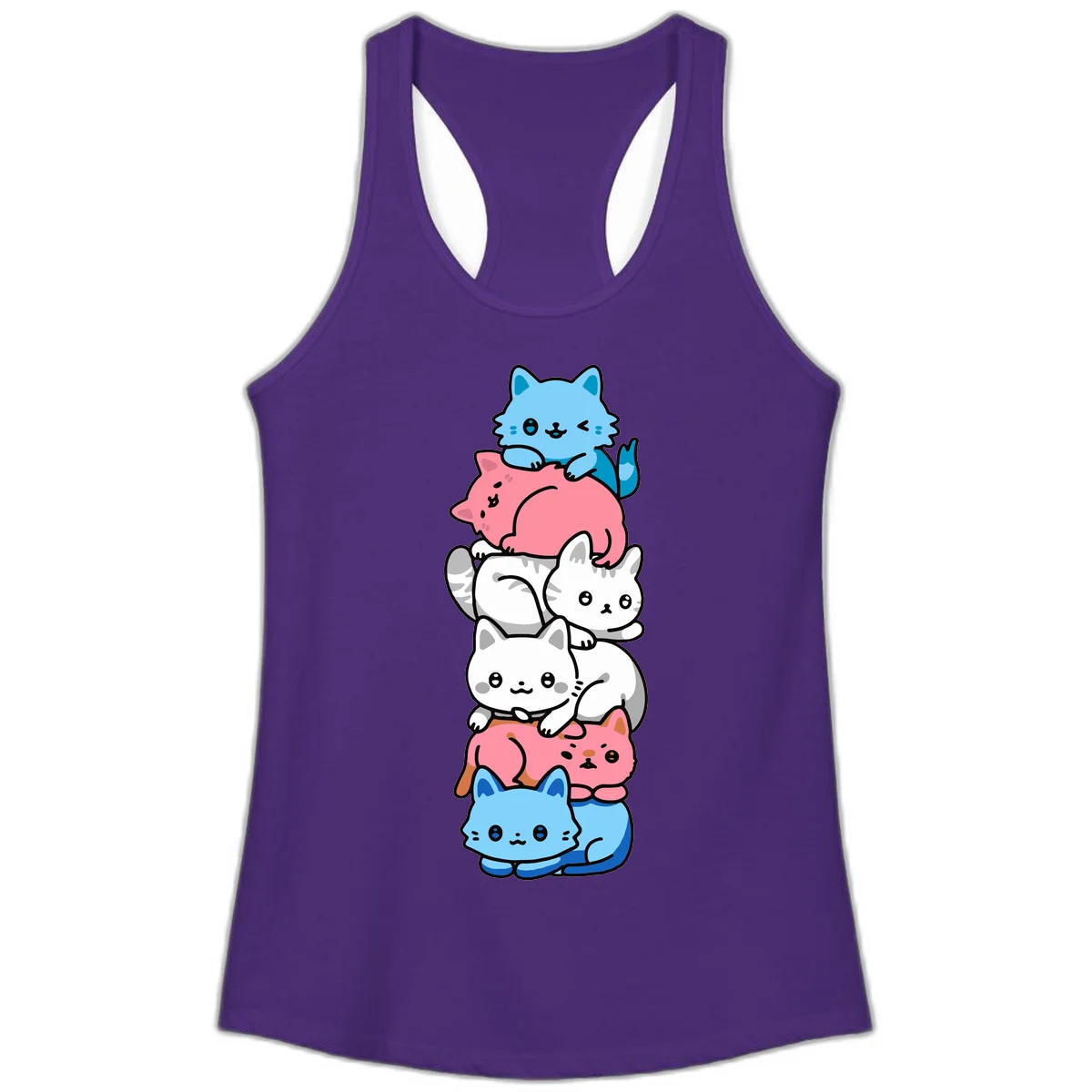 Six stacked kawaii-style cats in light blue, pink, and white with cute smiling faces and whiskers, illustrating a colorful stacked-kawaii-cats-pride design in Solid Purple Rush