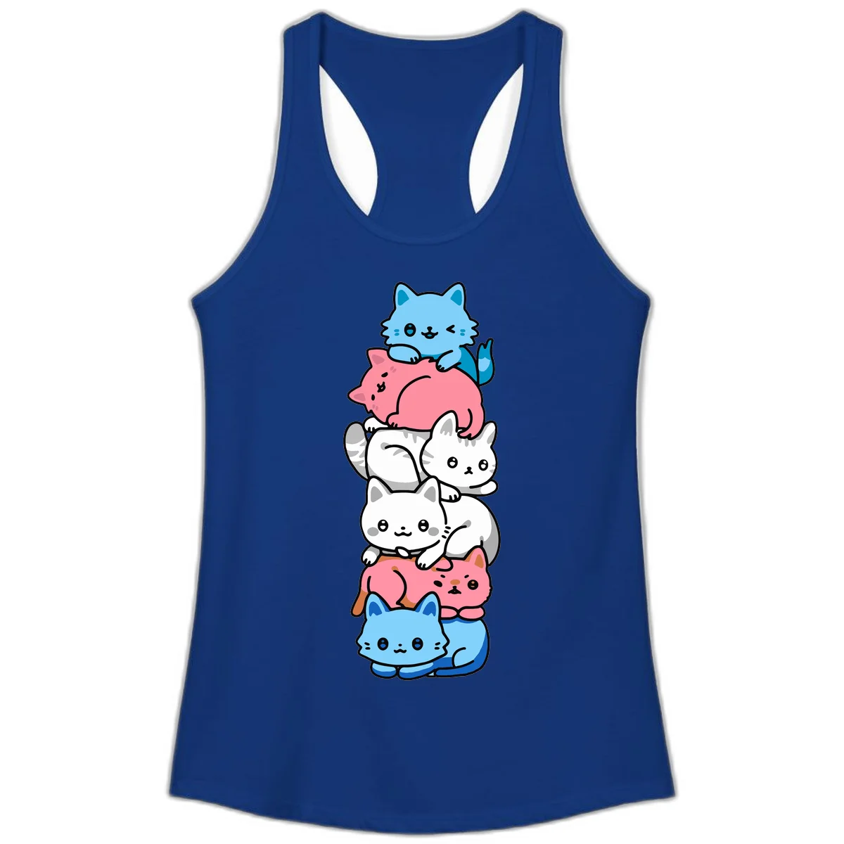 Six stacked kawaii-style cats in light blue, pink, and white with cute smiling faces and whiskers, illustrating a colorful stacked-kawaii-cats-pride design in Solid Royal