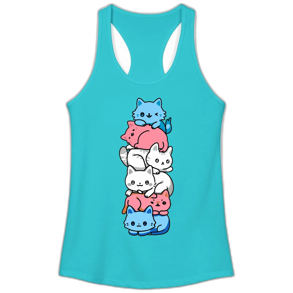 Six stacked kawaii-style cats in light blue, pink, and white with cute smiling faces and whiskers, illustrating a colorful stacked-kawaii-cats-pride design in Solid Tahiti Blue