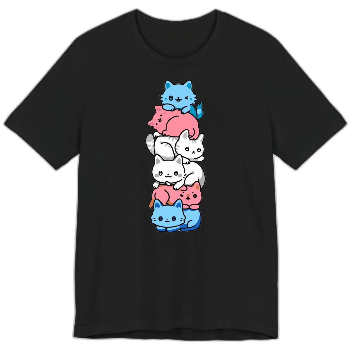 Six stacked kawaii-style cats in light blue, pink, and white with cute smiling faces and whiskers, illustrating a colorful stacked-kawaii-cats-pride design in Black